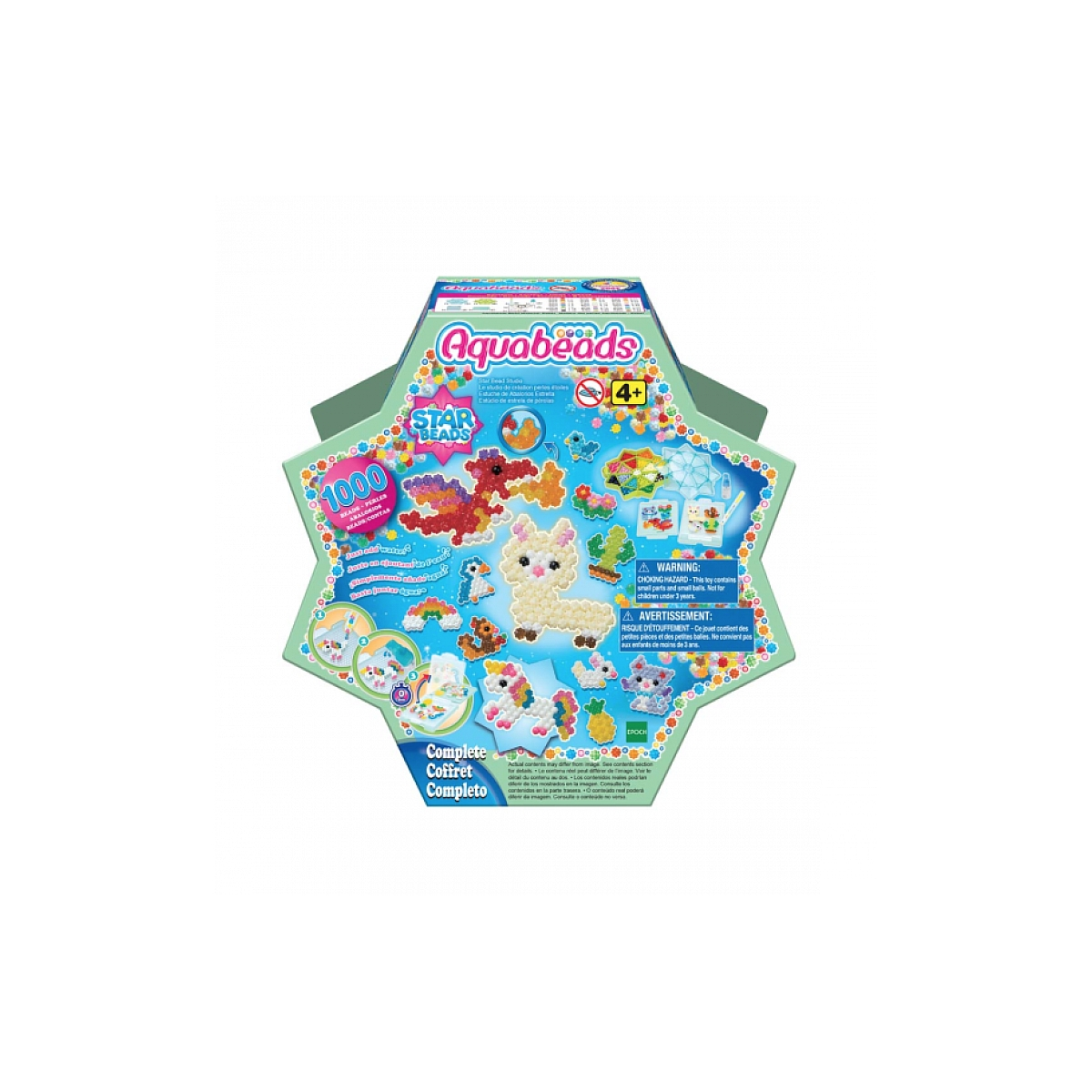 Ein Boxset aus bunten Perlen und zusammengebauten Kunstwerken, für Kinder. Die Box ist sternförmig.