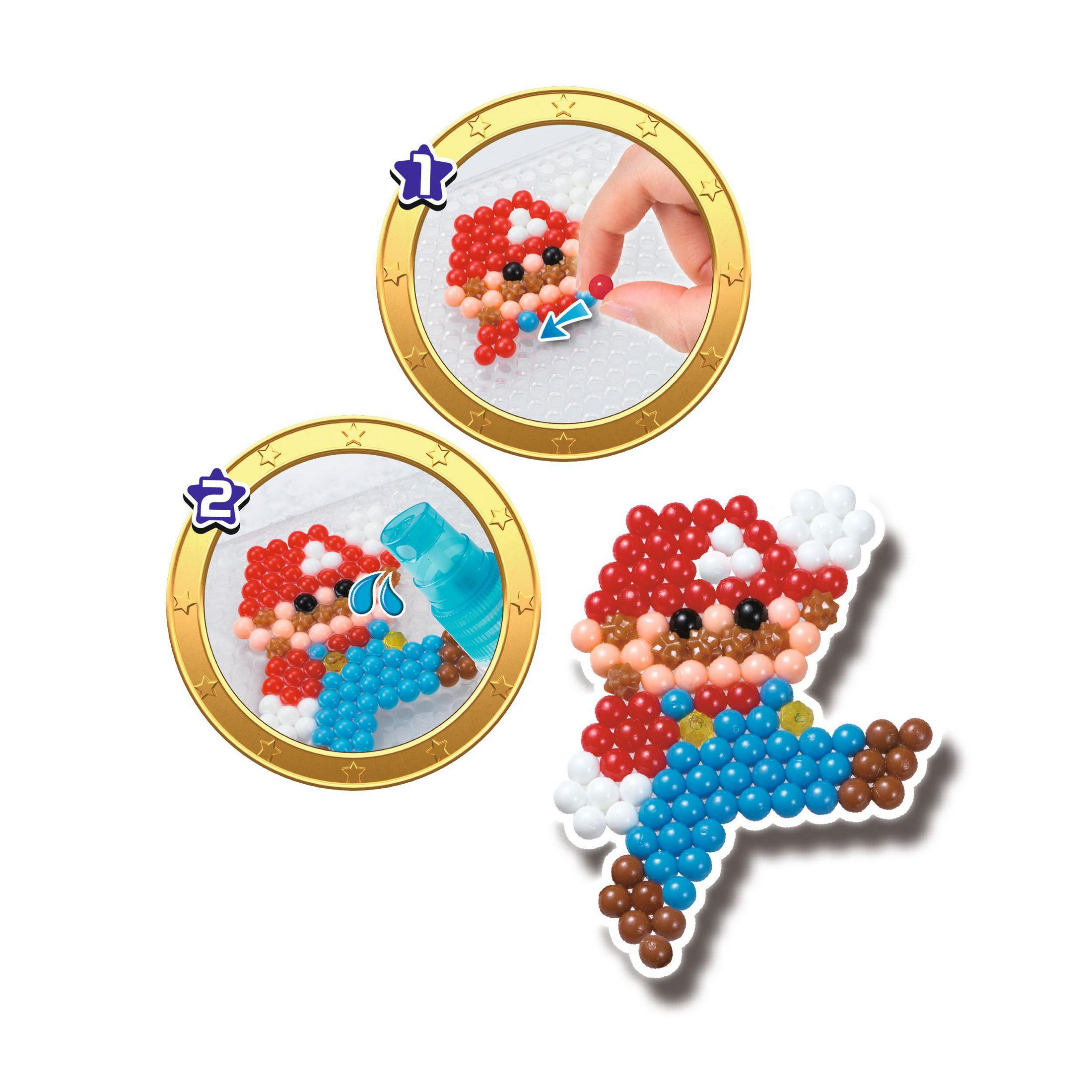 Istruzioni su come assemblare un Mario fatto di perline, utilizzando cornici color oro.