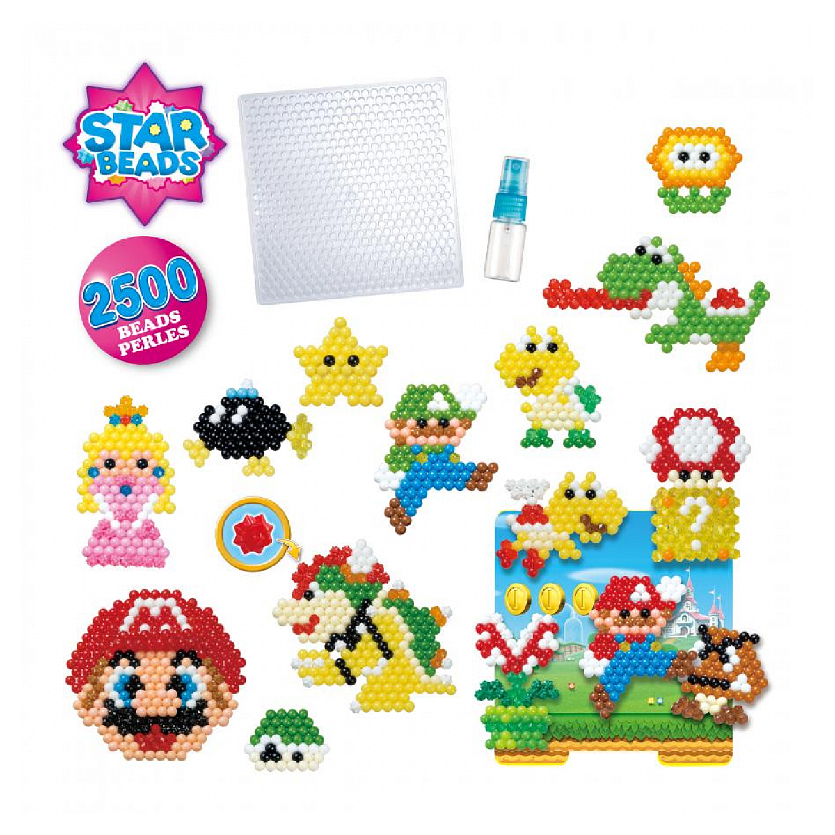 Star Beads Set mit Mario-Figuren und anderen bunten Perlenkreationen.