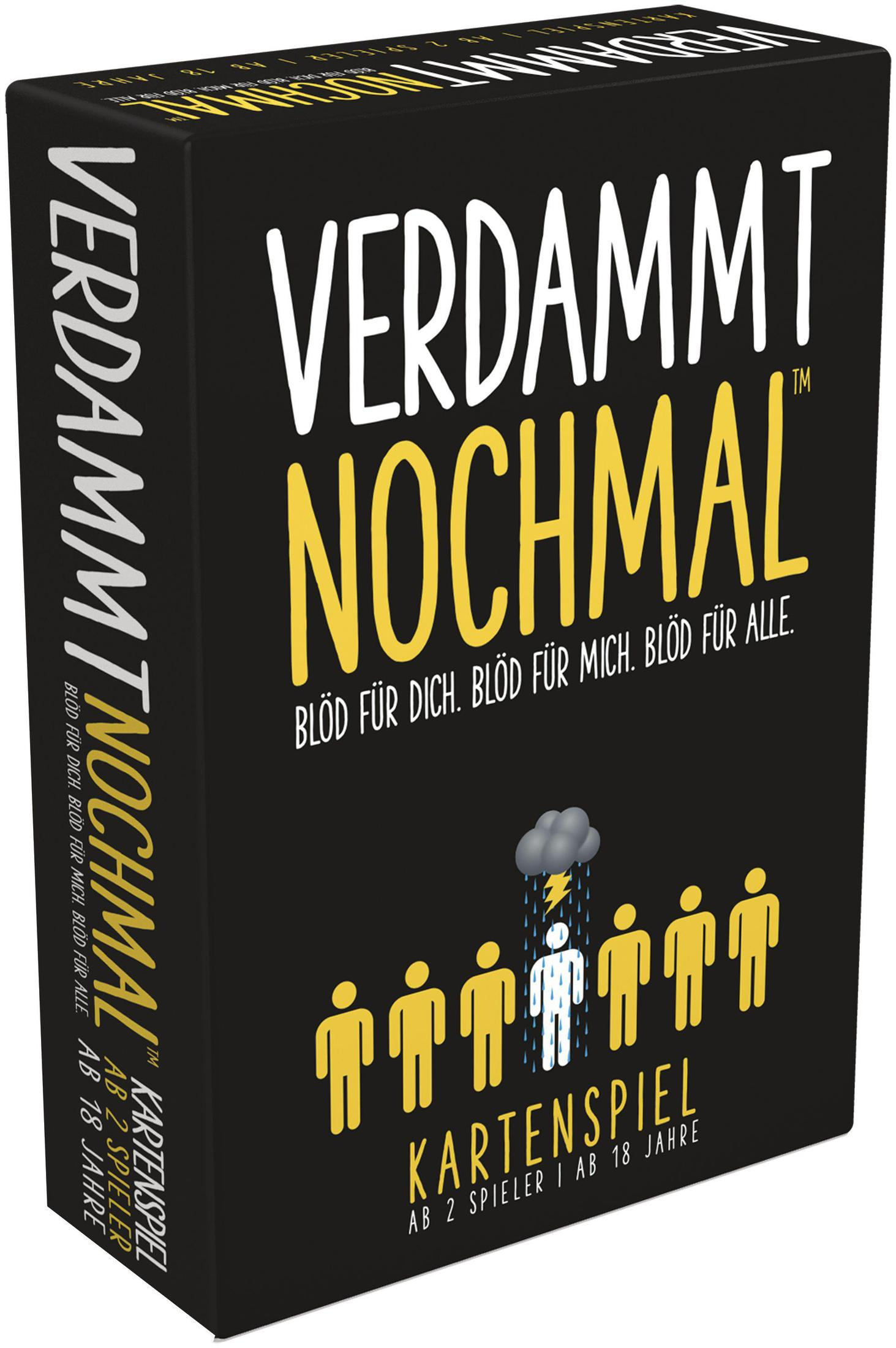 Boîte de jeu noire intitulée 'VERDAMMT NOCHMAL', avec des personnages en bâton et une illustration de nuage d'orage.