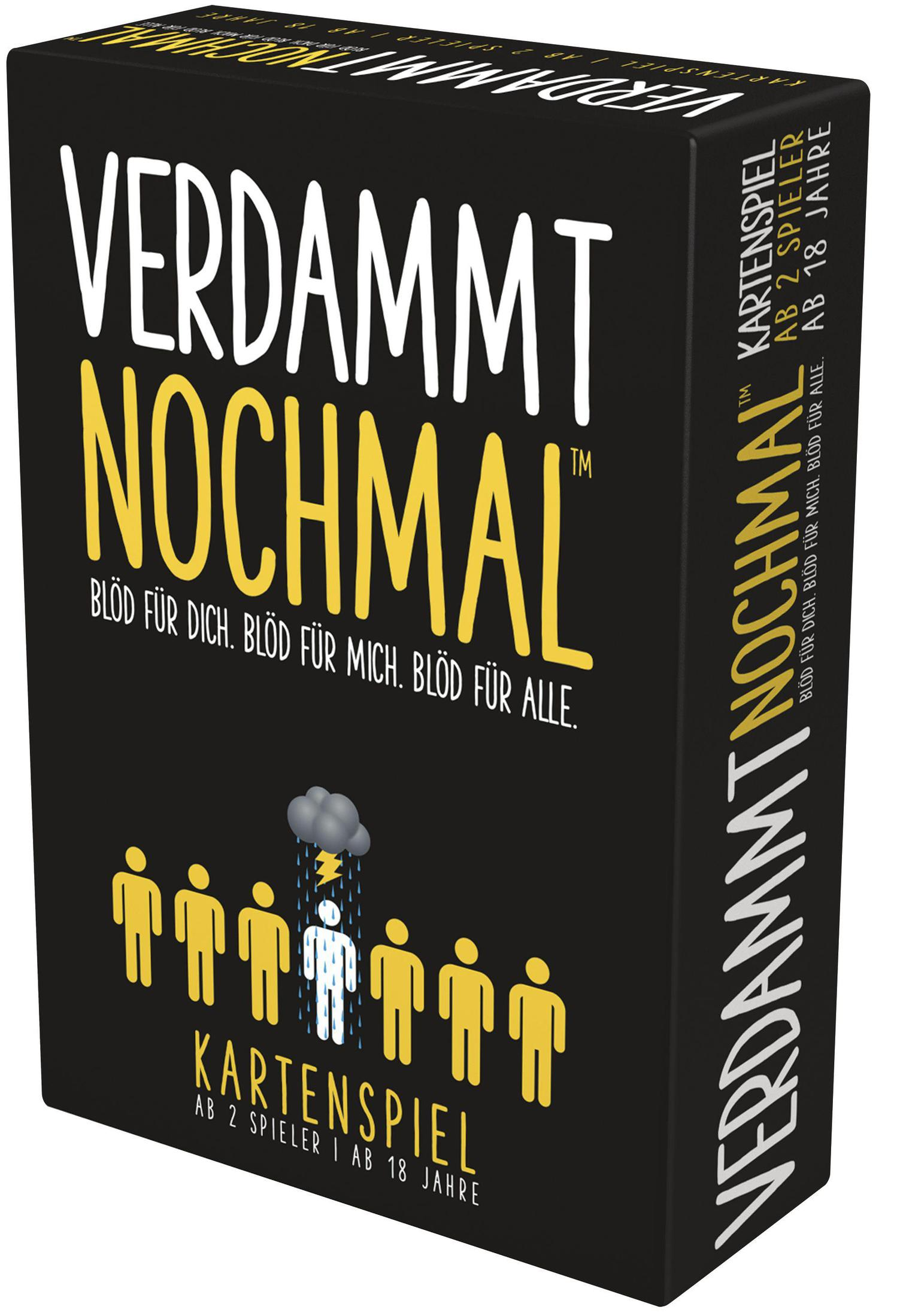 Une boîte noire de jeu de cartes avec l'inscription 'VERDAMMT NOCHMAL' et des illustrations de personnes.