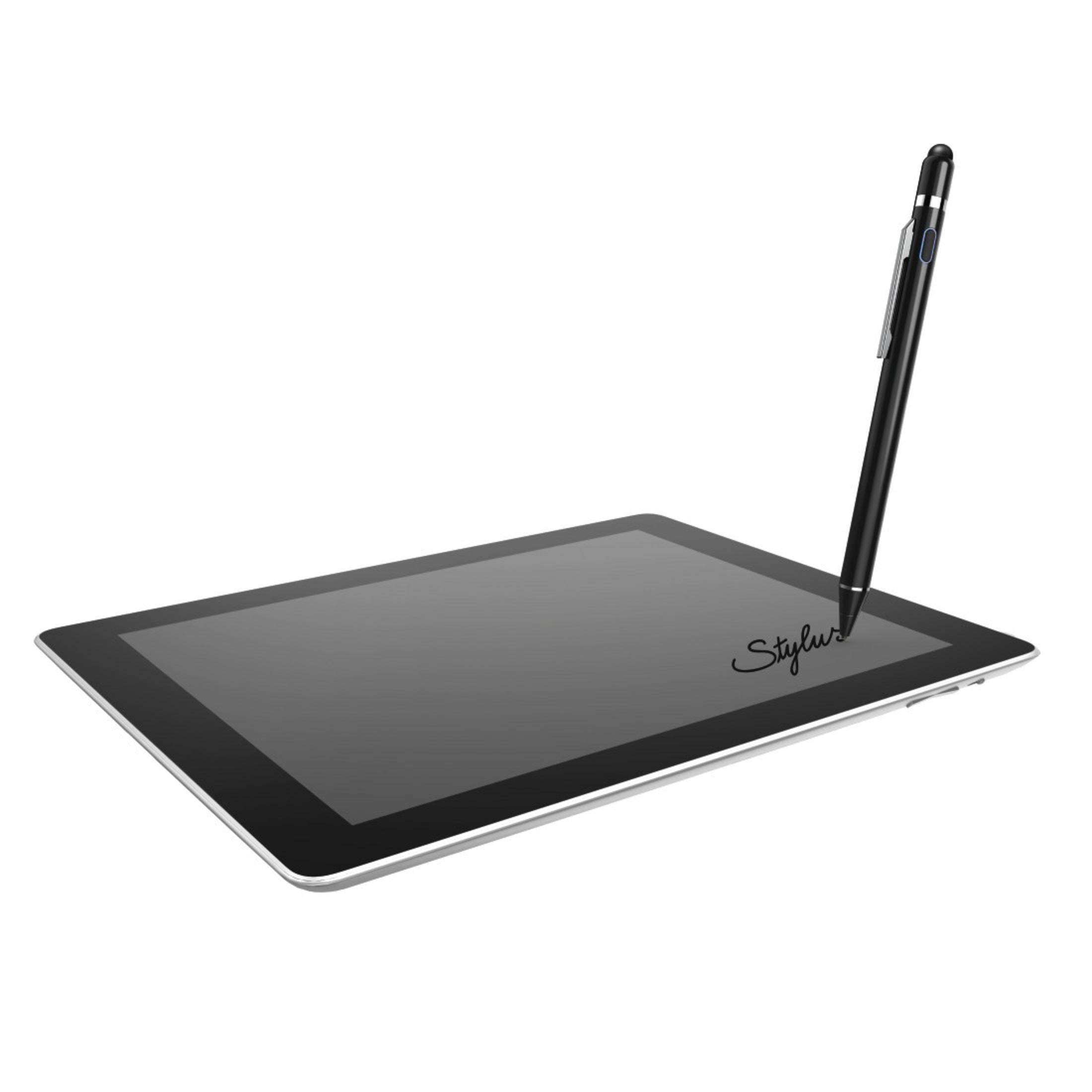 Czarny tablet z rysikiem piszącym słowo "Stylus". Białe tło.
