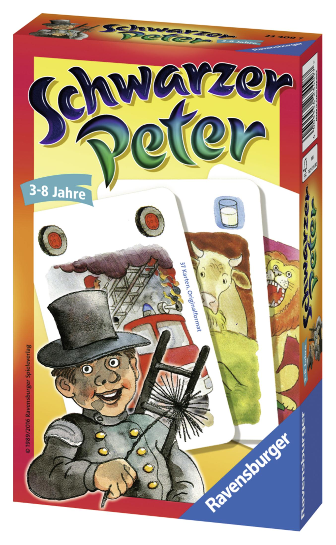 Schwarzer Peter Kartenspielbox mit einem Schornsteinfeger und anderen Illustrationen.