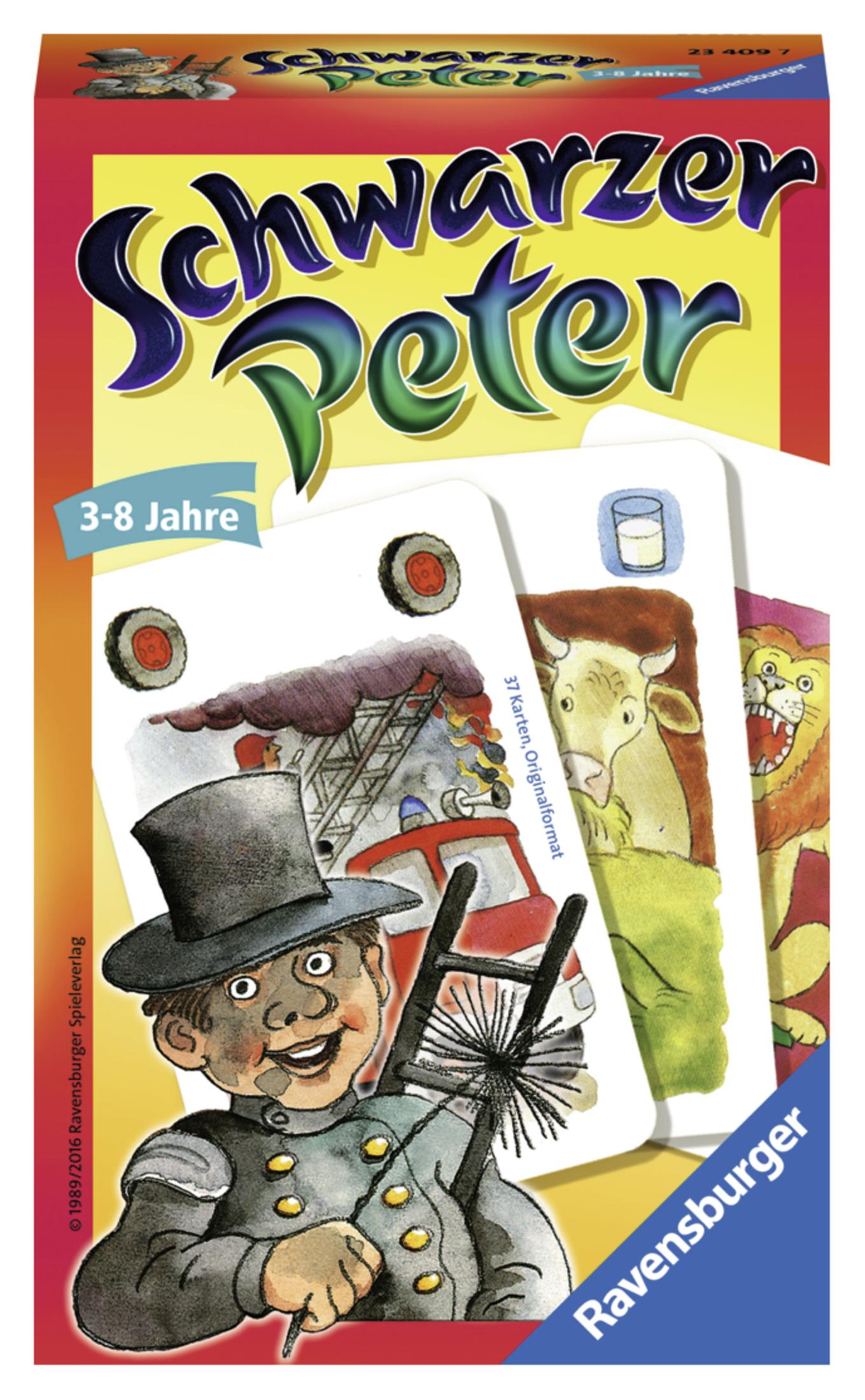 Schwarzer Peter Kartenspiel-Box mit Schornsteinfeger und Karten mit Bildern von Milch und einer Kuh.