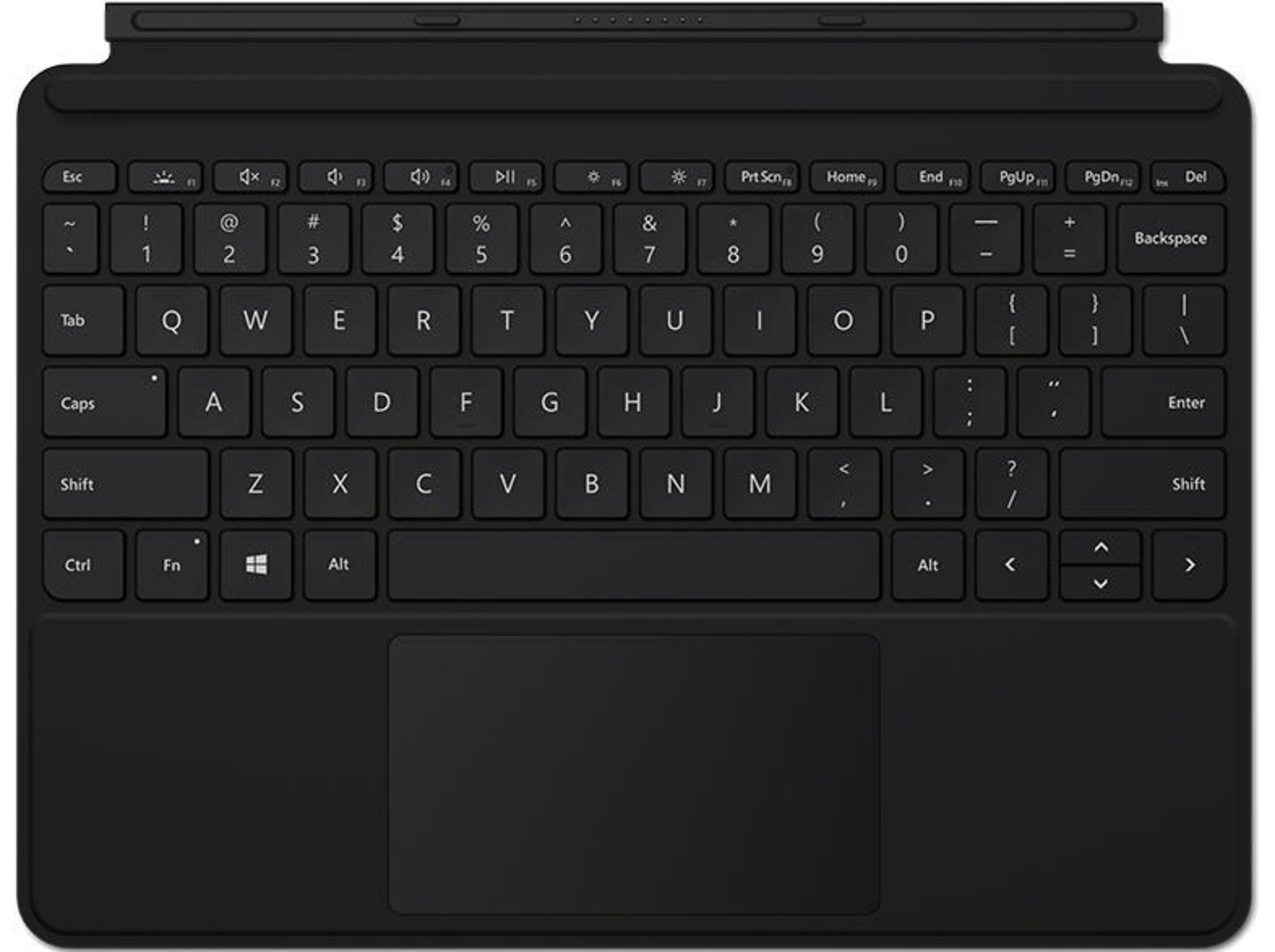 Schwarze Tastatur für ein Tablet mit Touchpad. Hat Tasten mit weißen Buchstaben und Symbolen.