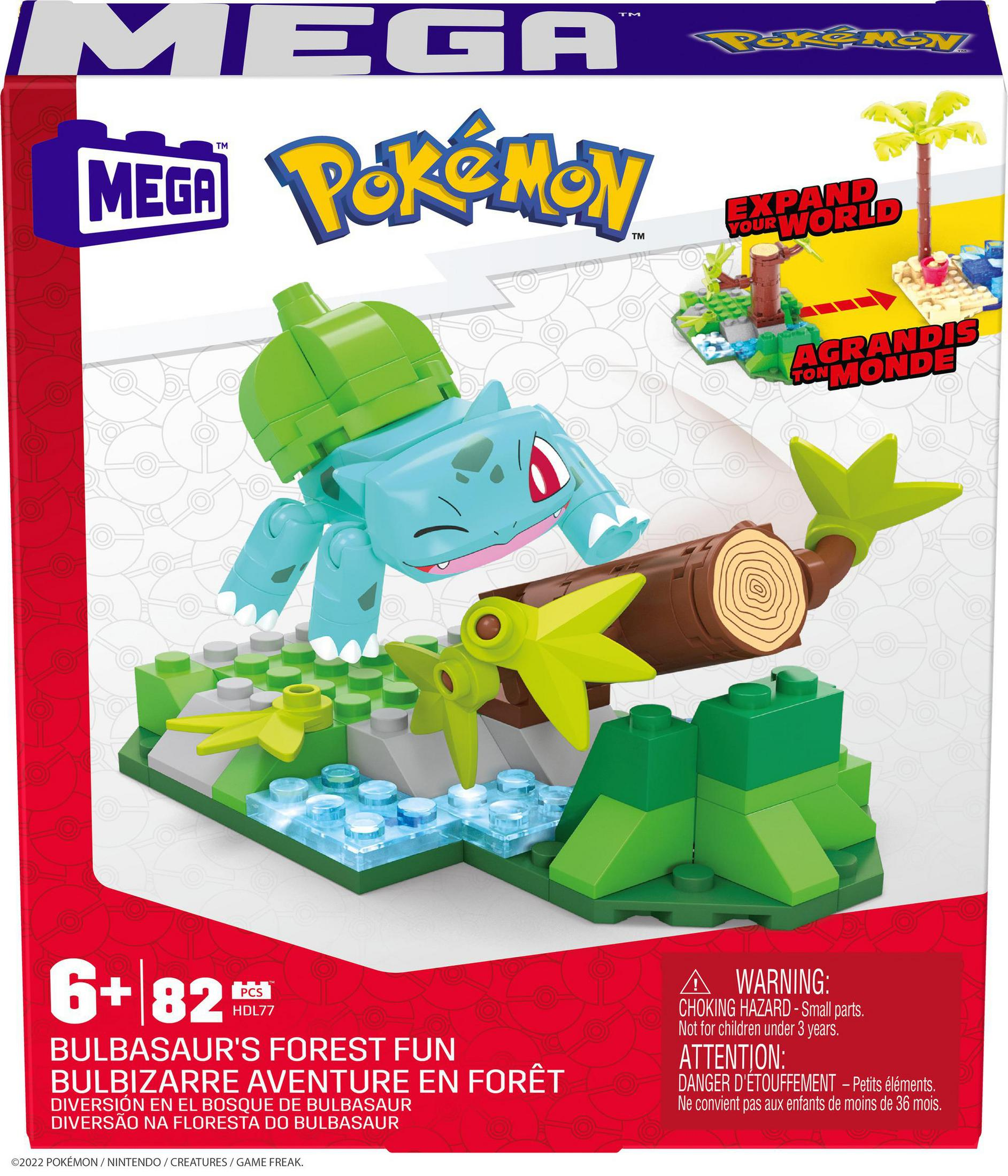 Mega Construx Pokémon Set. Bulbasaur Figur mit einer Waldszene in einer Box, weißer Hintergrund.