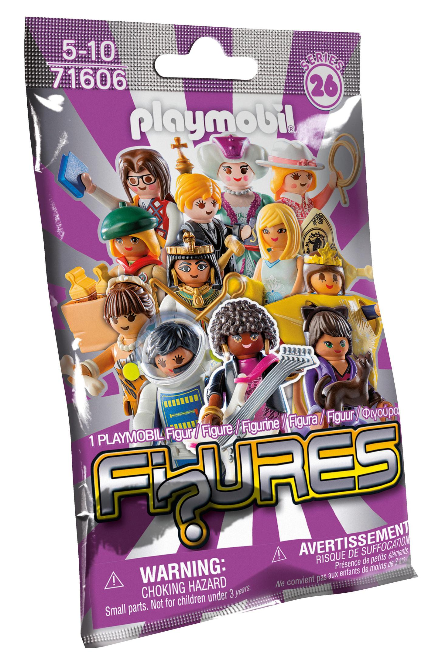 Busta di personaggi Playmobil, personaggi assortiti visibili, design viola e argento.