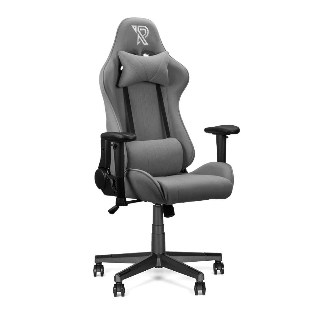 Grijze gaming stoel met hoofdsteun, lendensteun en armleuningen.