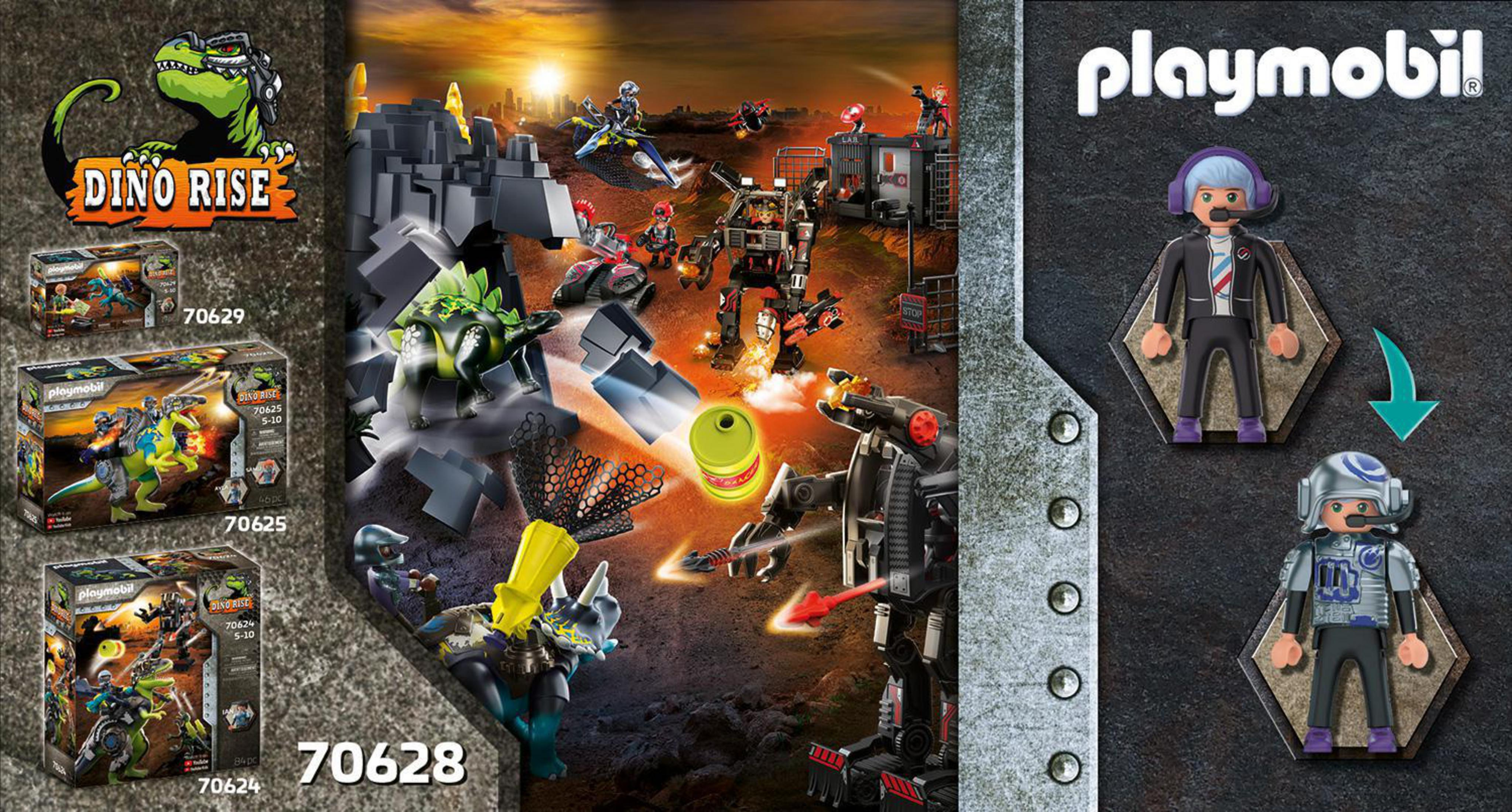 Playmobil Dino Rise Spielzeugkisten und Figuren. Eine Dinosaurier-Szene im Hintergrund aufgebaut.