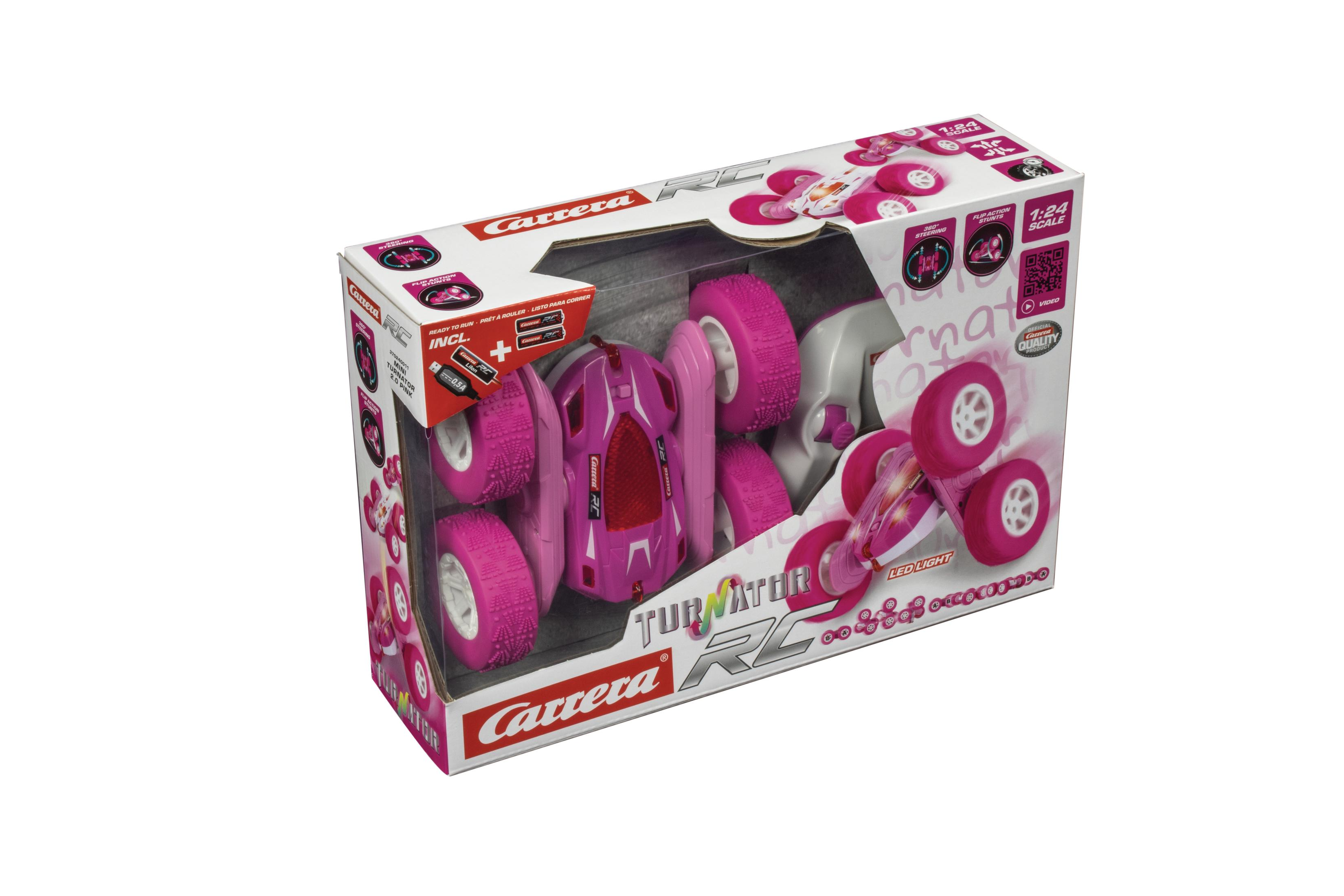 Macchina giocattolo rosa in una scatola. L'auto ha ruote rosa. La scatola ha le foto dell'auto.