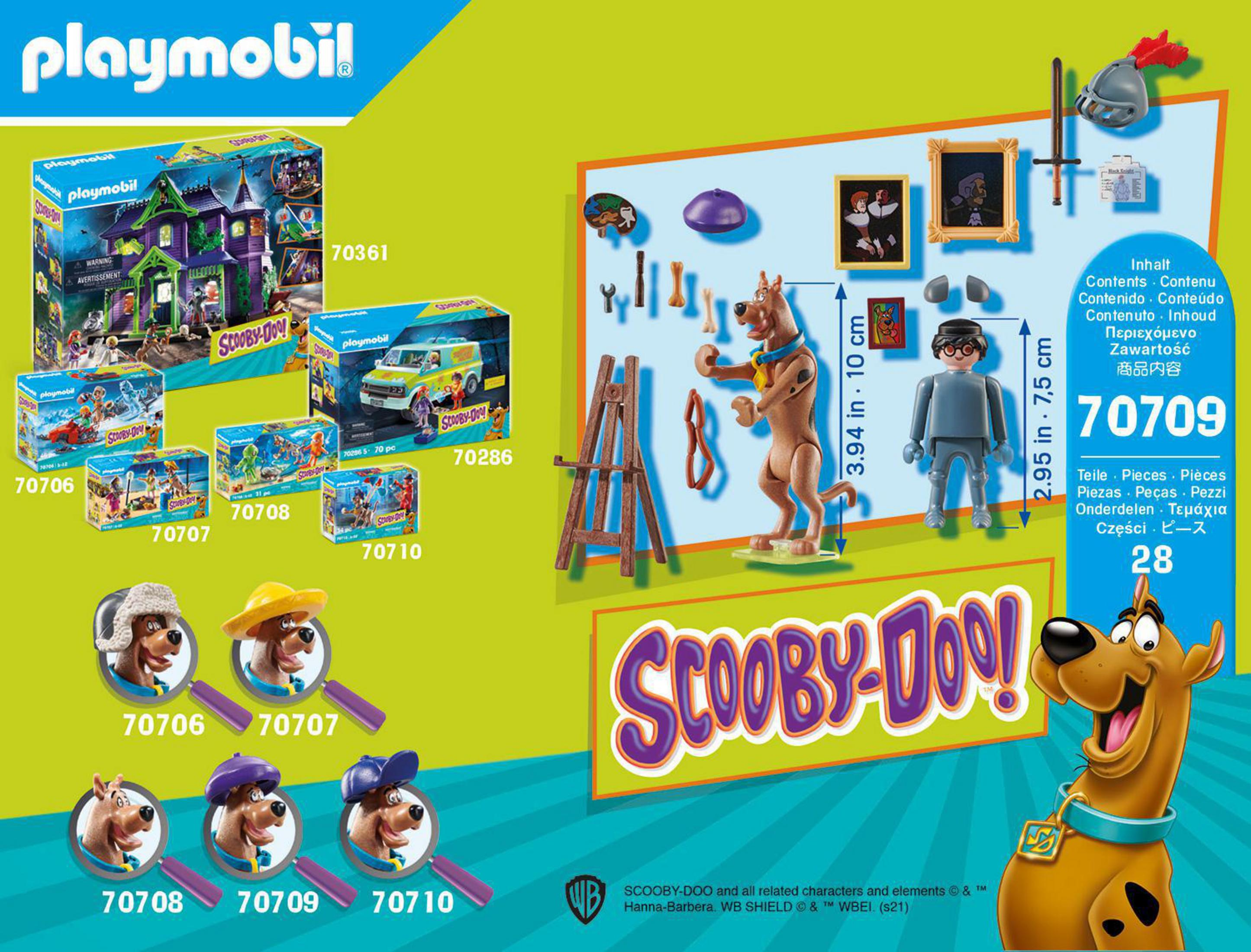 Zestaw Playmobil Scooby-Doo z Scoobym, figurkami i akcesoriami; dom, van i rekwizyty.