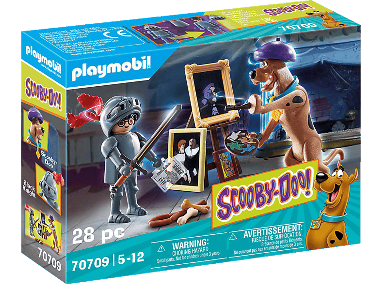 Zestaw Playmobil Scooby-Doo z figurkami i akcesoriami. Tło jest ciemne.