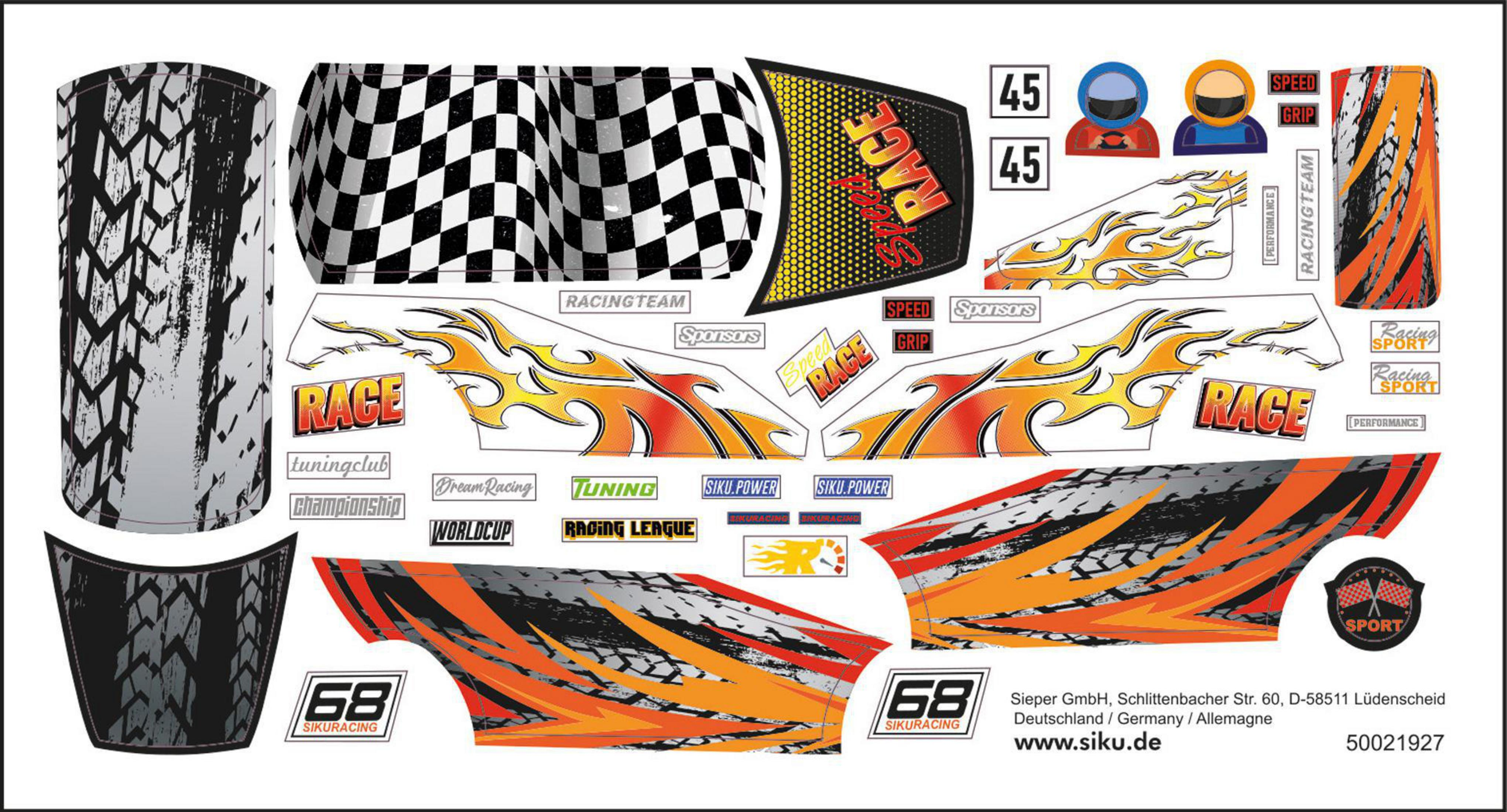 Blatt mit Rennaufklebern, Flammen, Flaggen und Logos. Enthält Reifenabdrücke und Rennfahrerzahlen.