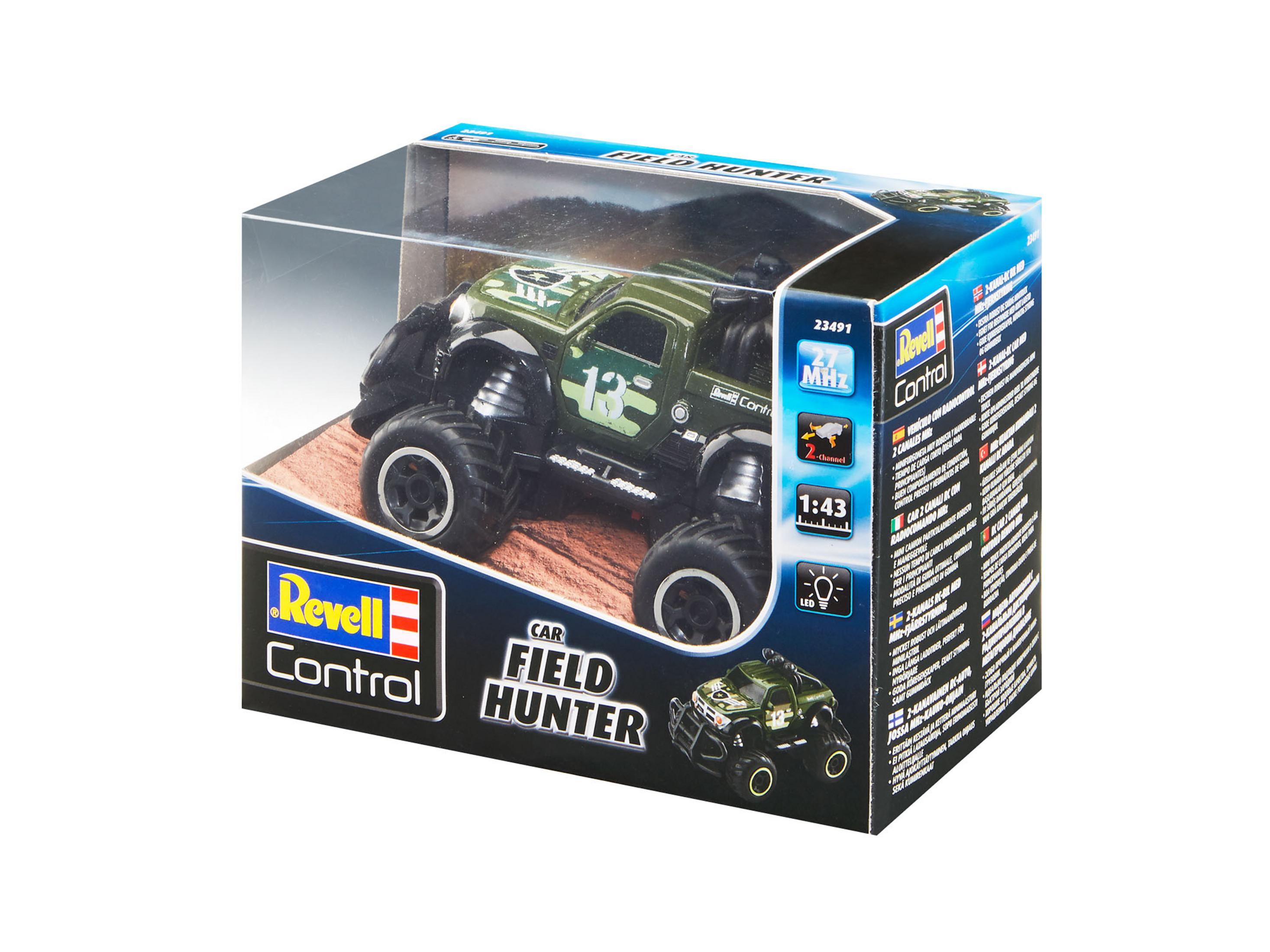 Ein Spielzeug-Monster-Truck in einer durchsichtigen Box, mit Revell Control-Branding und Fahrzeugdetails, vor Weiß.