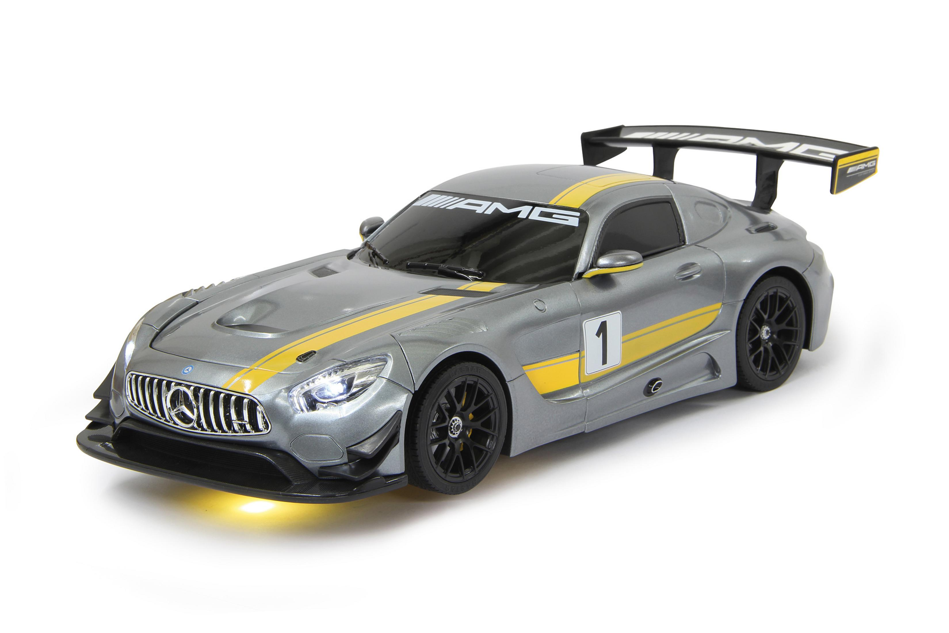 Silbernes Mercedes AMG Rennwagen Spielzeug. Gelbe Streifen und Nummer 1.