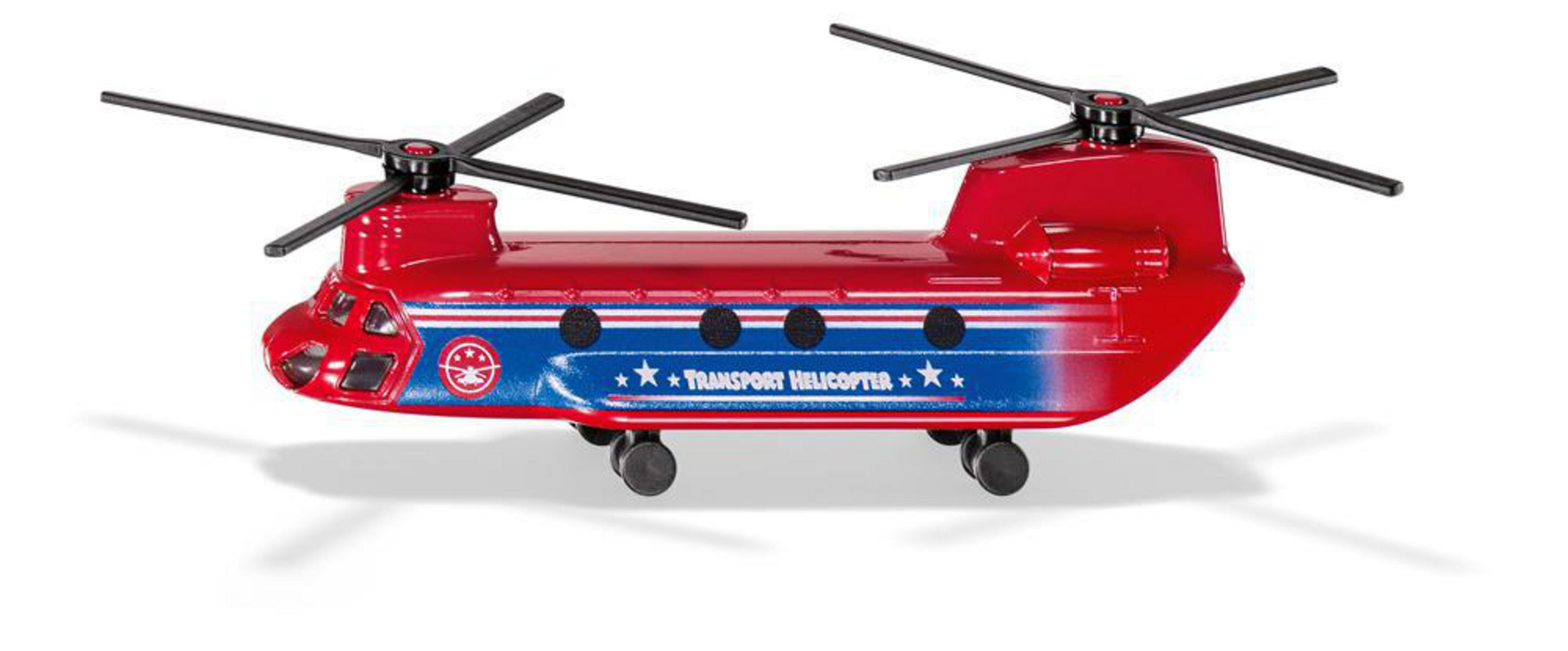Roter Spielzeug-Hubschrauber mit blauen Akzenten und dem Text 'Transport Helicopter'.