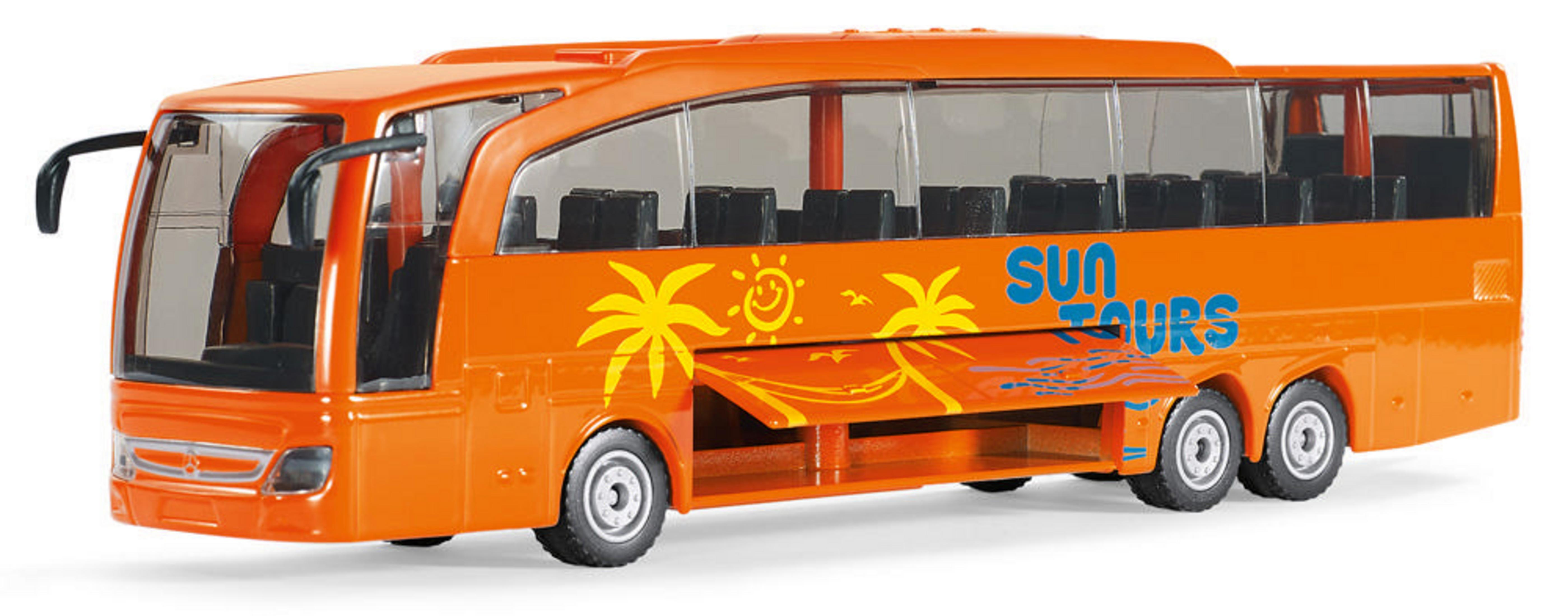 Ein orangefarbener Spielzeugbus mit schwarzen Fenstern, dem Text 'SUN TOURS' und einer Palmenillustration.