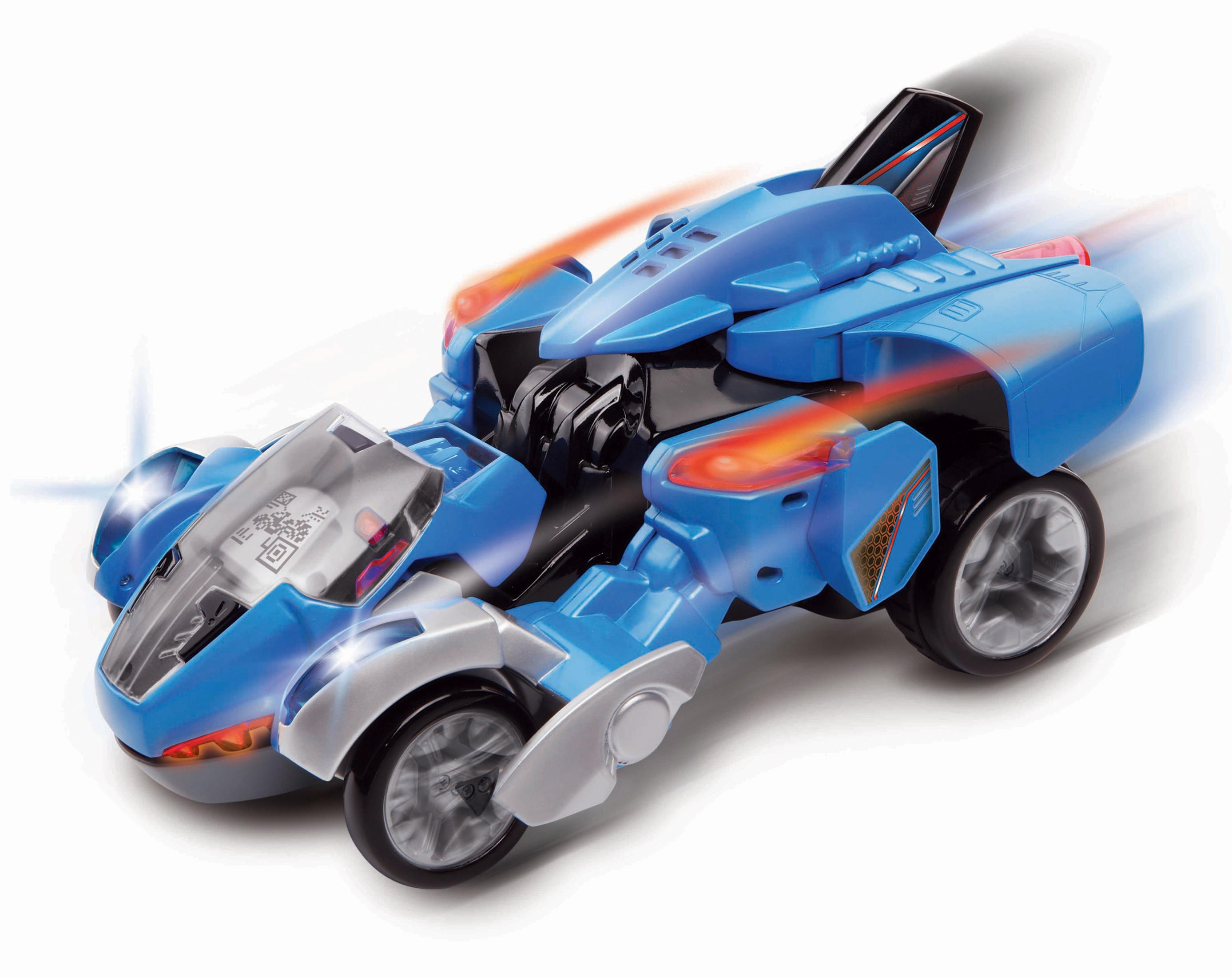 Ein blaues Spielzeugauto mit Lichtern und futuristischem Design, mit einem Bewegungsunschärfe-Effekt.