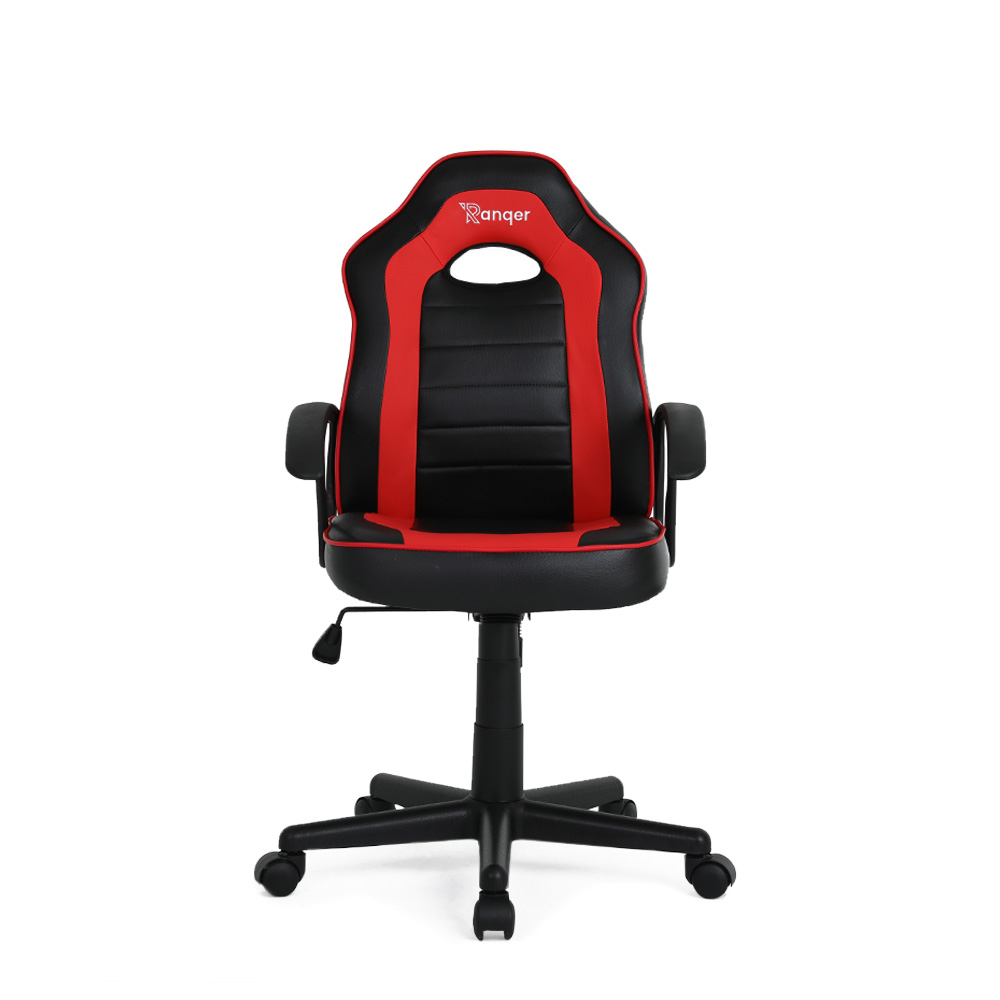 Chaise de jeu. Noir et rouge avec dossier haut, accoudoirs et roulettes. Fond blanc.