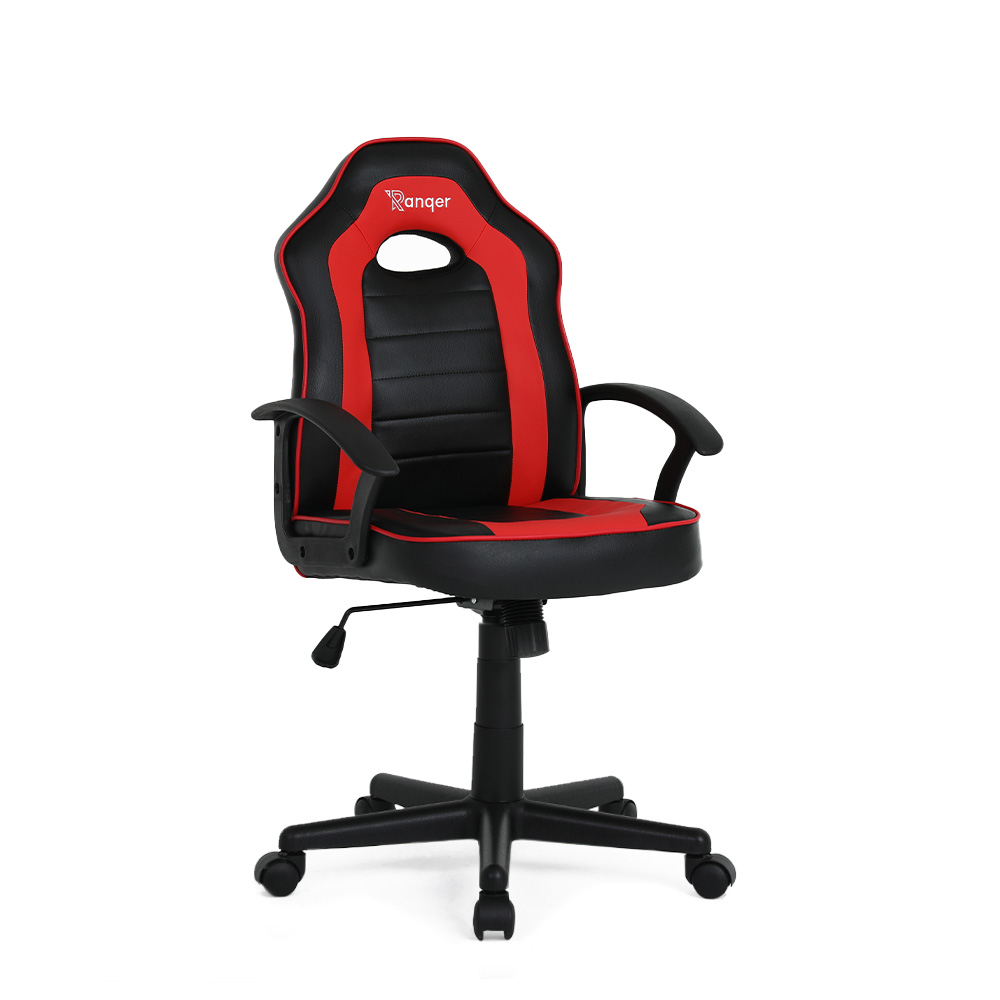 Une chaise de jeu noire et rouge. Elle a un dossier haut et une base en étoile avec des roues.
