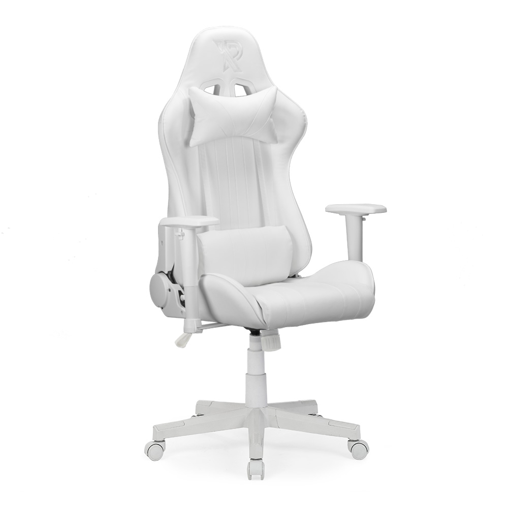Une chaise de jeu blanche avec appuie-tête et soutien lombaire, sur fond blanc.