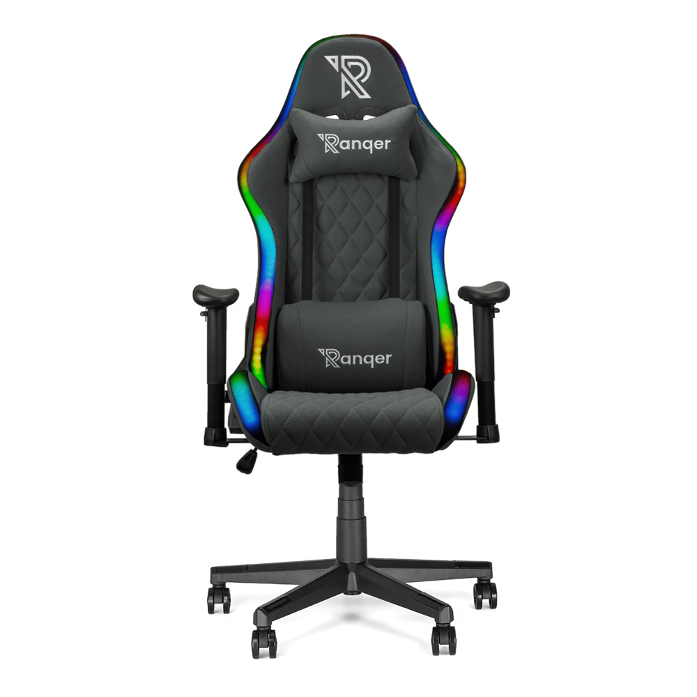 Schwarzer und grauer Gaming-Stuhl mit RGB-Lichtern und Ranger-Logo auf weißem Grund.