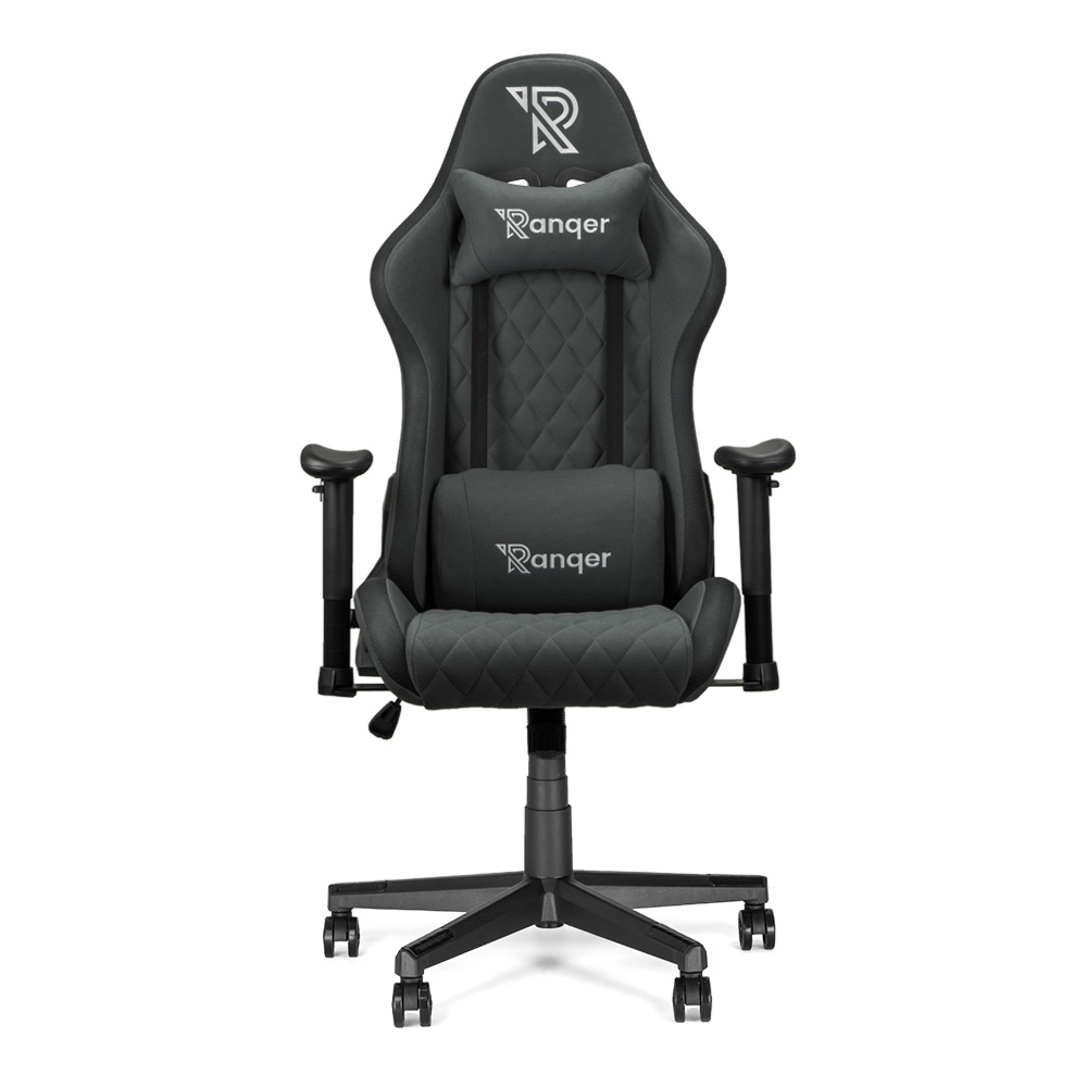 Ein schwarzer Gaming-Stuhl mit Kopfstütze und Lordosekissen.