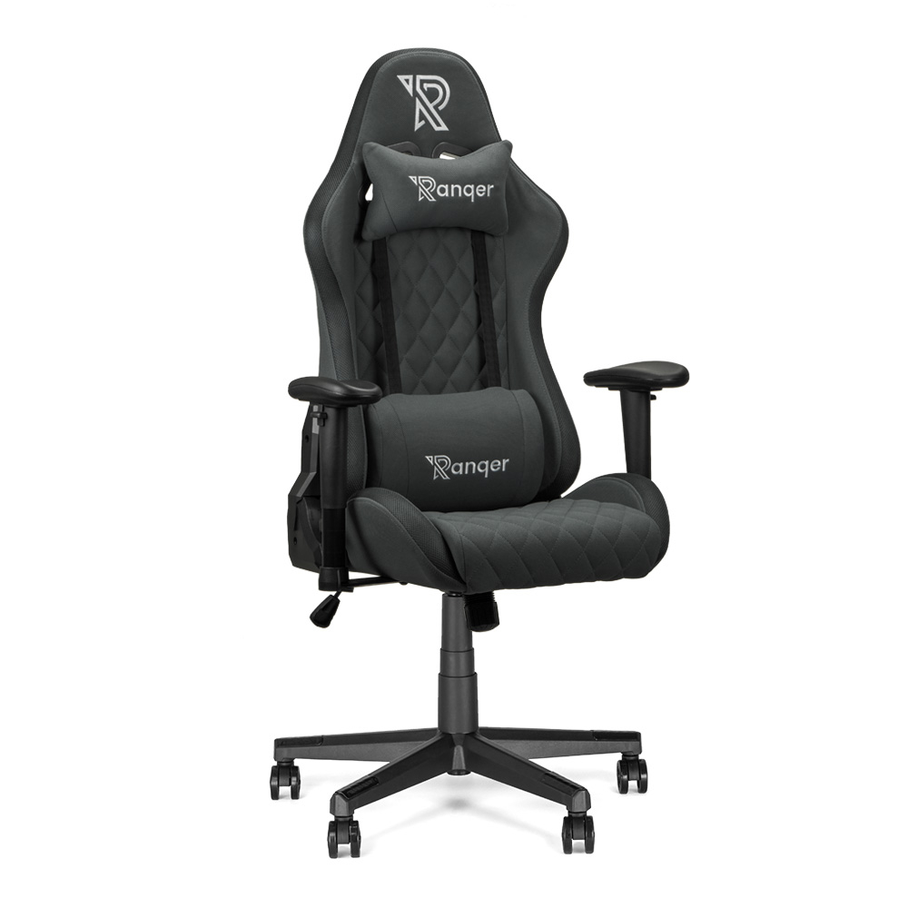 Ein schwarzer und grauer Ranger-Gaming-Stuhl. Enthält eine Kopfstütze, Lendenwirbelstütze und Armlehnen.