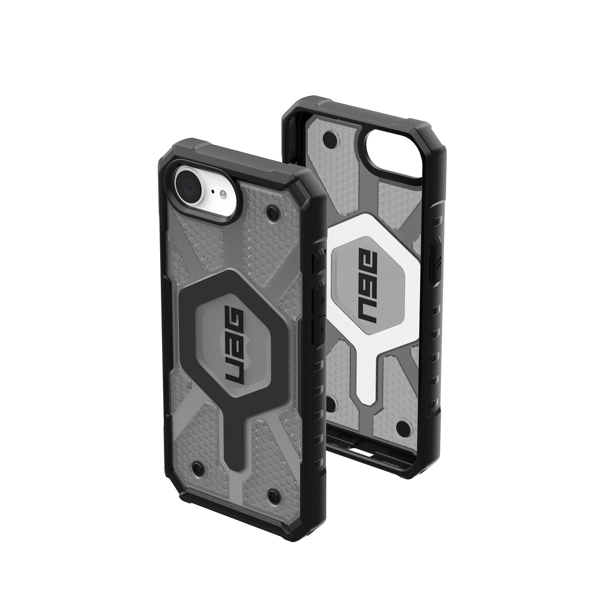Zwei schwarze und graue Handyhüllen. Sie haben ein robustes Design mit dem UAG-Logo.