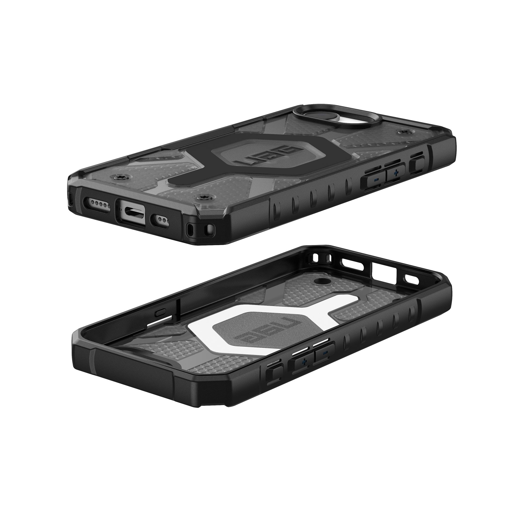 Zweiteiliges UAG-Handyhüllen-Set. Schwarzes, robustes Design. Zeigt äußere und innere Komponenten.