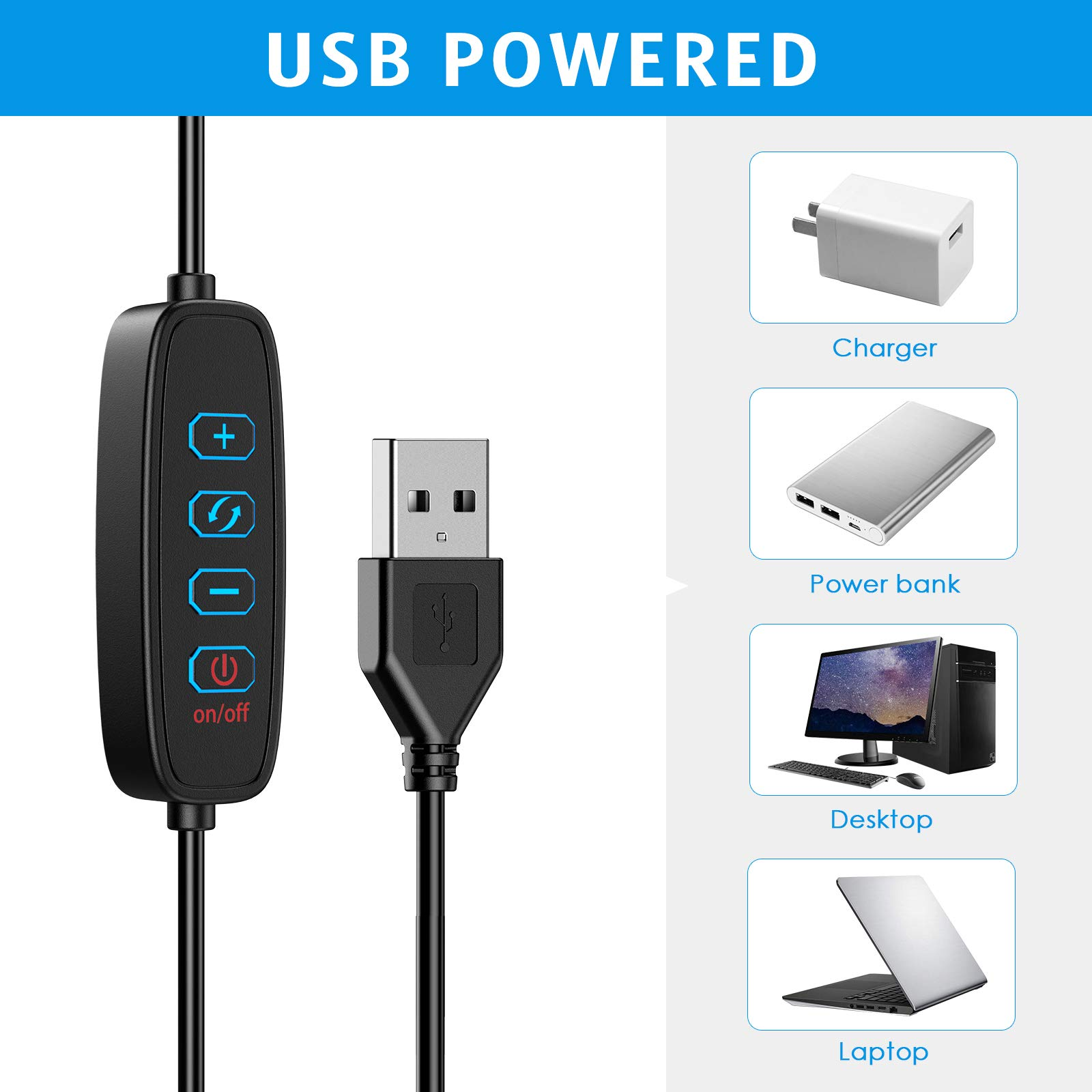 Ein USB-betriebenes Ringlicht mit Bedienelementen und zugehörigen Geräten.
