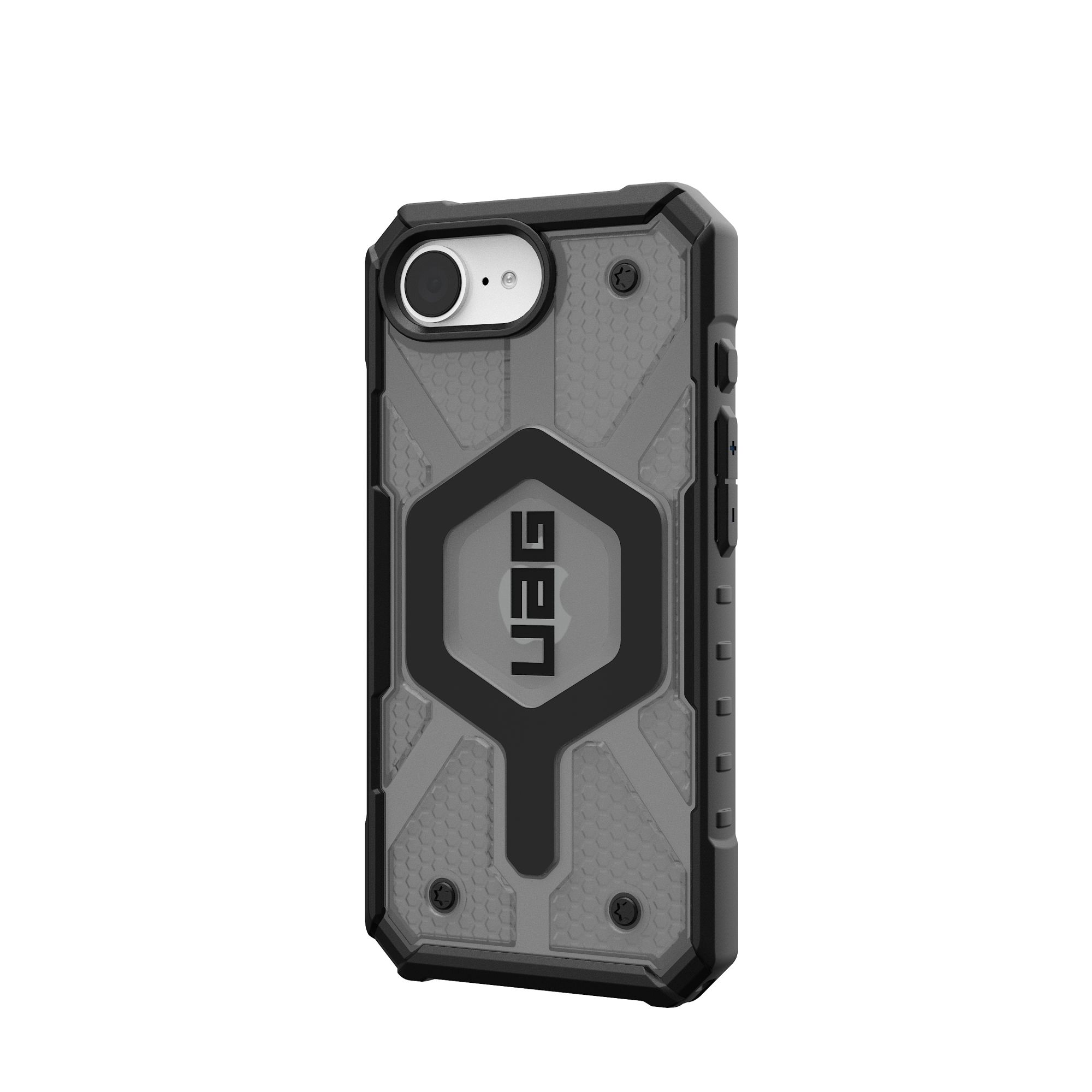Eine grau-schwarze Handyhülle mit dem UAG-Logo.