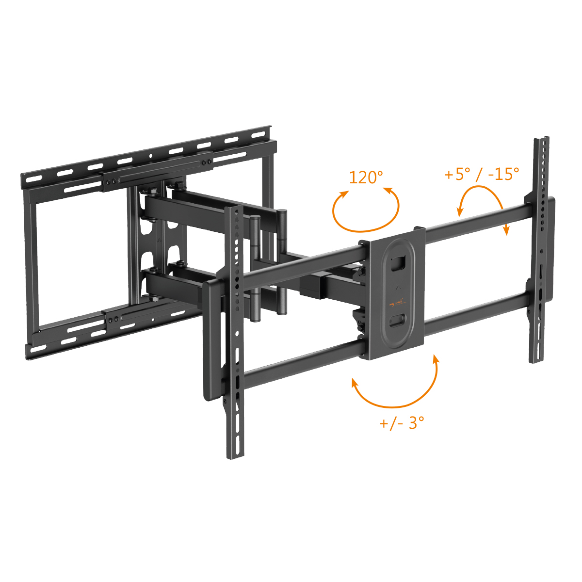 Eine schwarze TV-Wandhalterung mit verstellbaren Armen, die verschiedene Winkelgrade auf weißem Hintergrund zeigt.