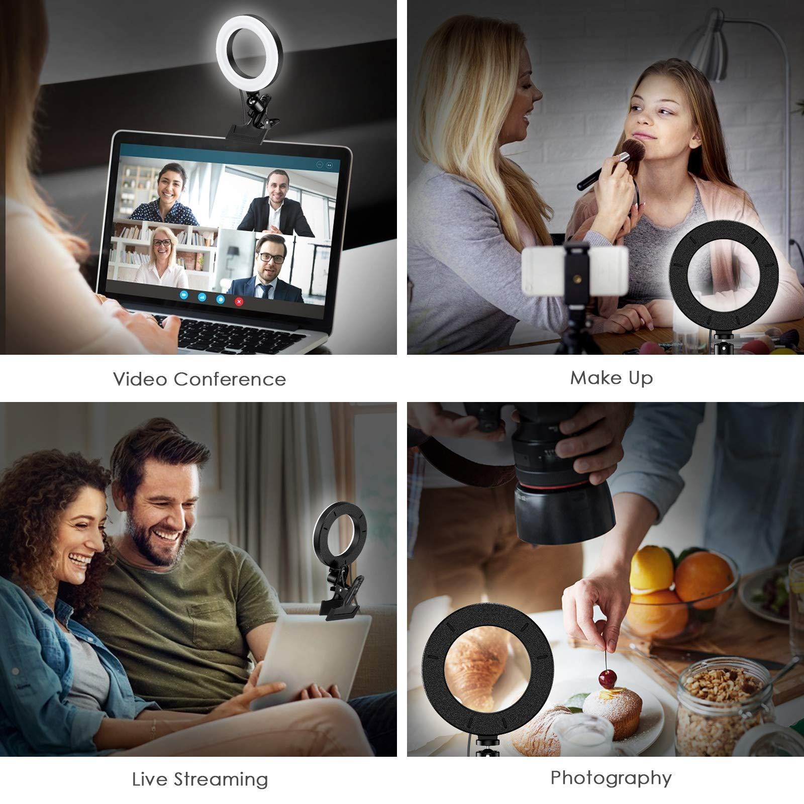 Szenen, die die Verwendung eines Ringlichts zeigen: Videokonferenz, Make-up, Live-Streaming und Fotografie.
