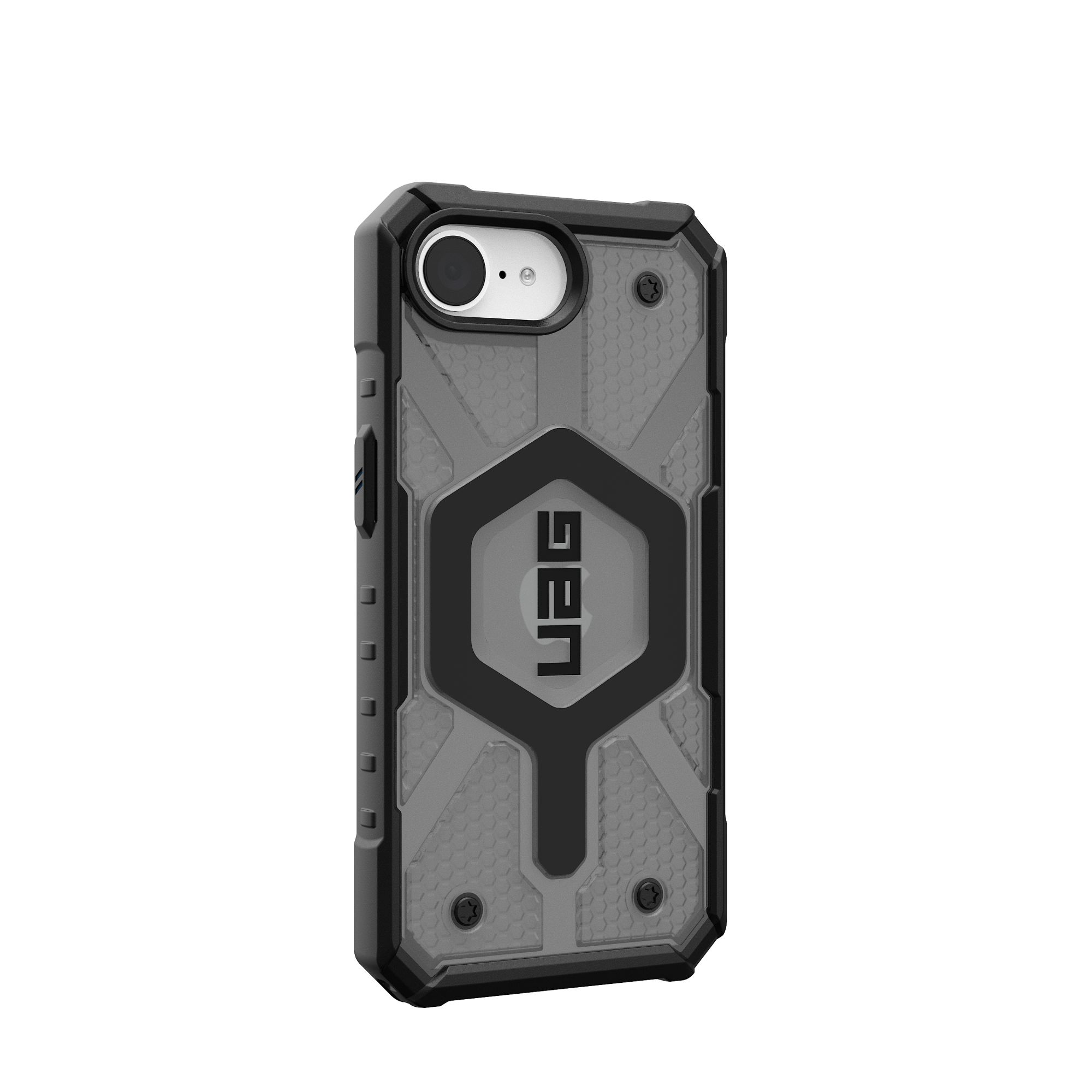Eine schwarz-graue Handyhülle mit UAG-Logo. Sie hat ein robustes, strukturiertes Design.