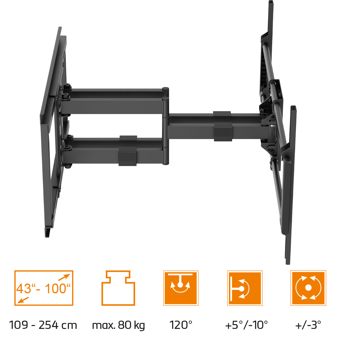 Eine schwarze TV-Halterung. Es hat ein paar Pfeile, die Abmessungen und Winkel angeben.