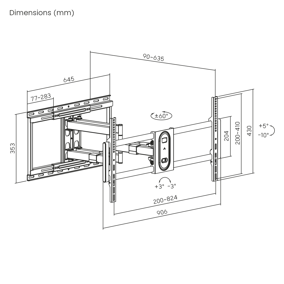 Schema einer TV-Halterung mit Abmessungen und Winkeln für die Installation, mit Messungen.