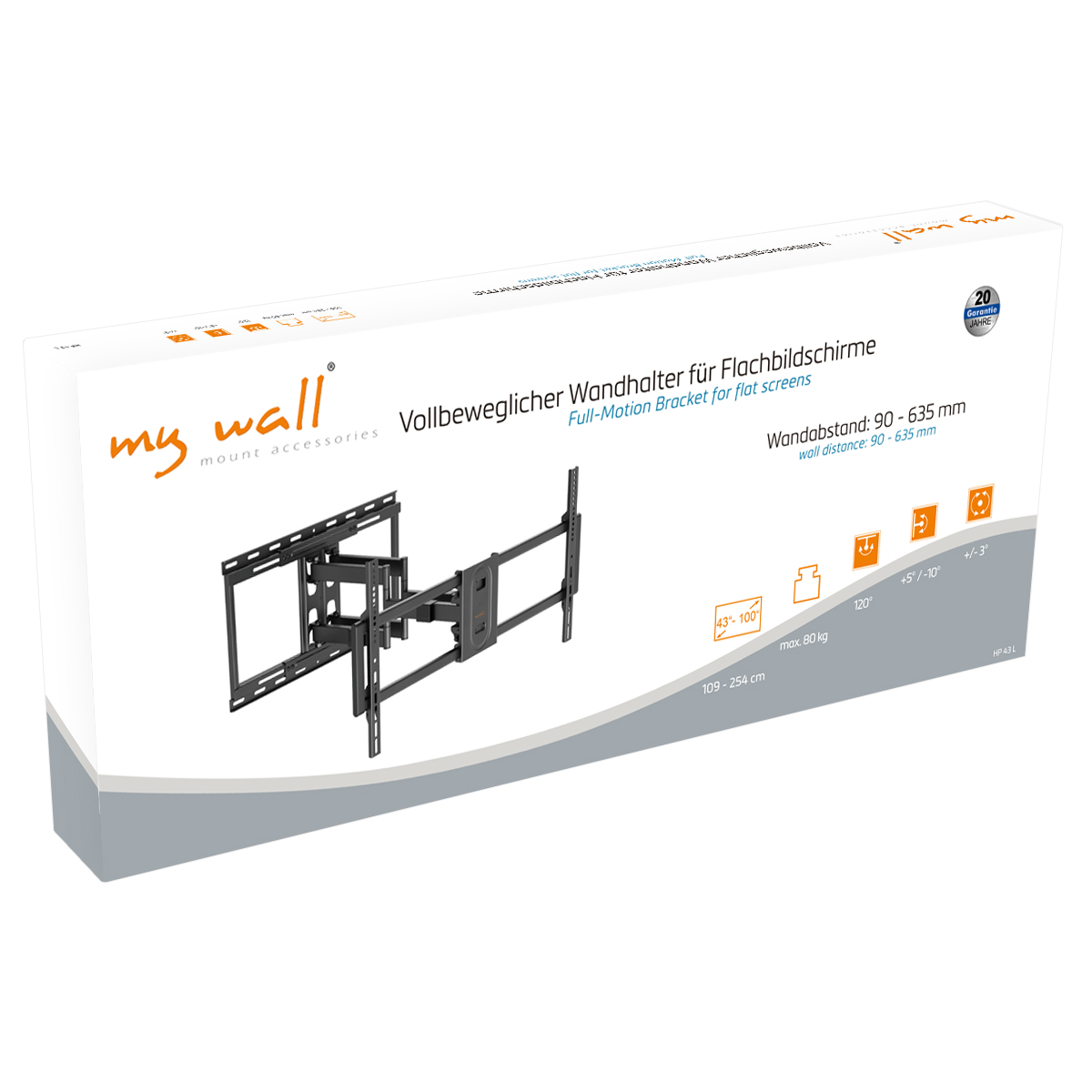 Eine weiße Box mit einer schwarzen TV-Wandhalterung. Text auf der Box beschreibt das Produkt und seine Eigenschaften.