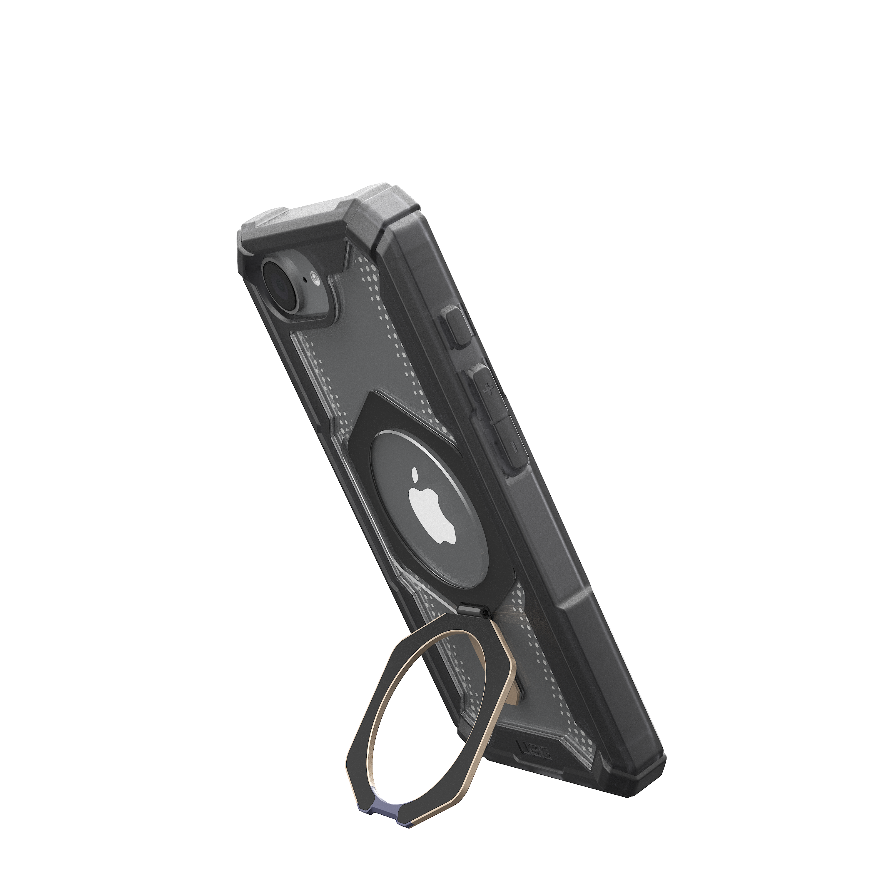 Schwarze Telefonhülle mit Ständer auf schwarzem Hintergrund.