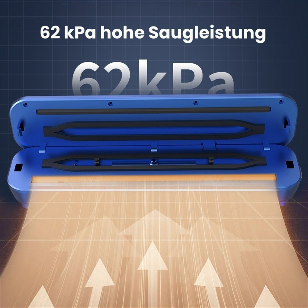 Blaue Vakuumversiegelungsmaschine. Text sagt '62 kPa' und Pfeile. Sie ist blau.