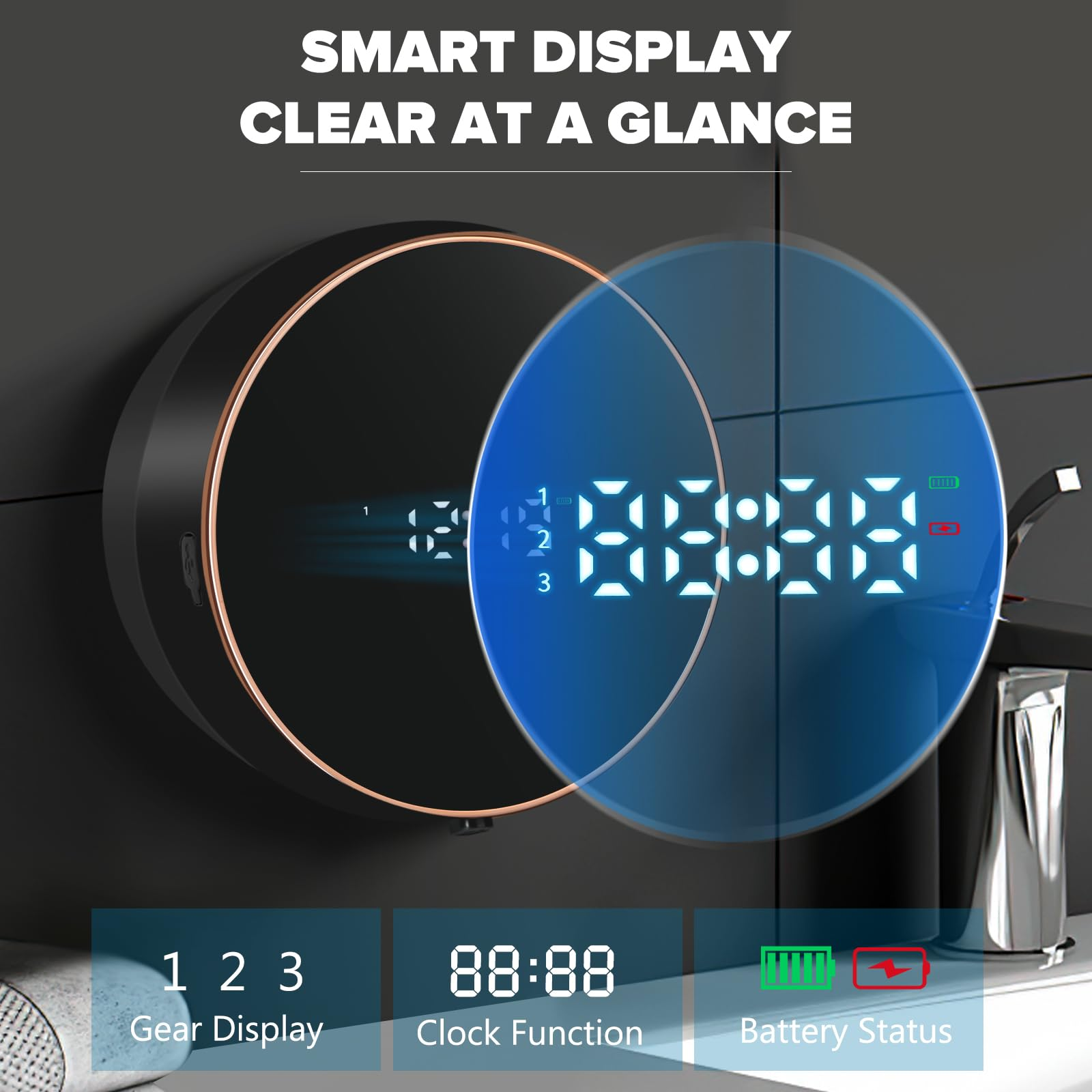 Smart-Display zeigt Zeit, Gang und Batteriestatus. Die Uhr ist digital. Das Display ist rund und schwarz.
