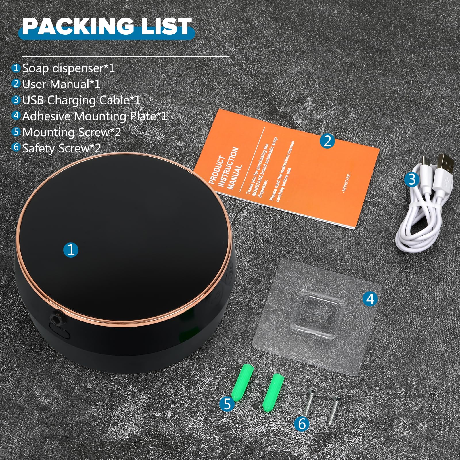 Packliste mit schwarzem Seifenspender, Benutzerhandbuch, USB-Kabel, Montageplatte und Schrauben.