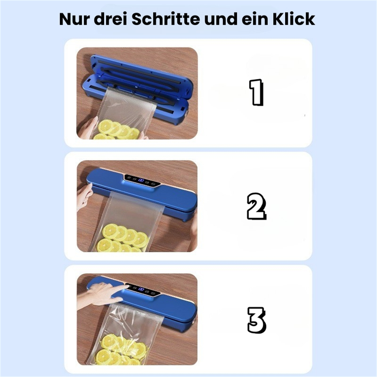 Dreistufiger Prozess des Vakuumierens eines Beutels mit Zitronenscheiben mit einem blauen Vakuumiergerät.