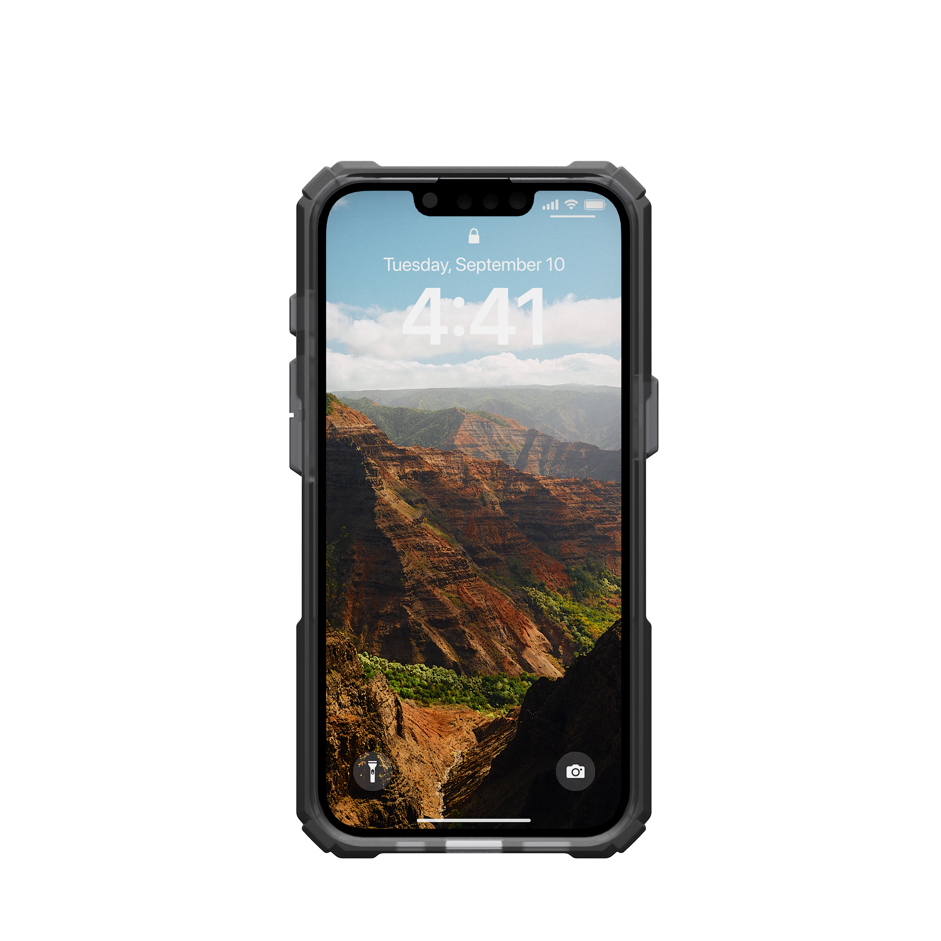Schwarze Handyhülle mit einem Telefon, das eine Berglandschaft sowie Zeit und Datum anzeigt.