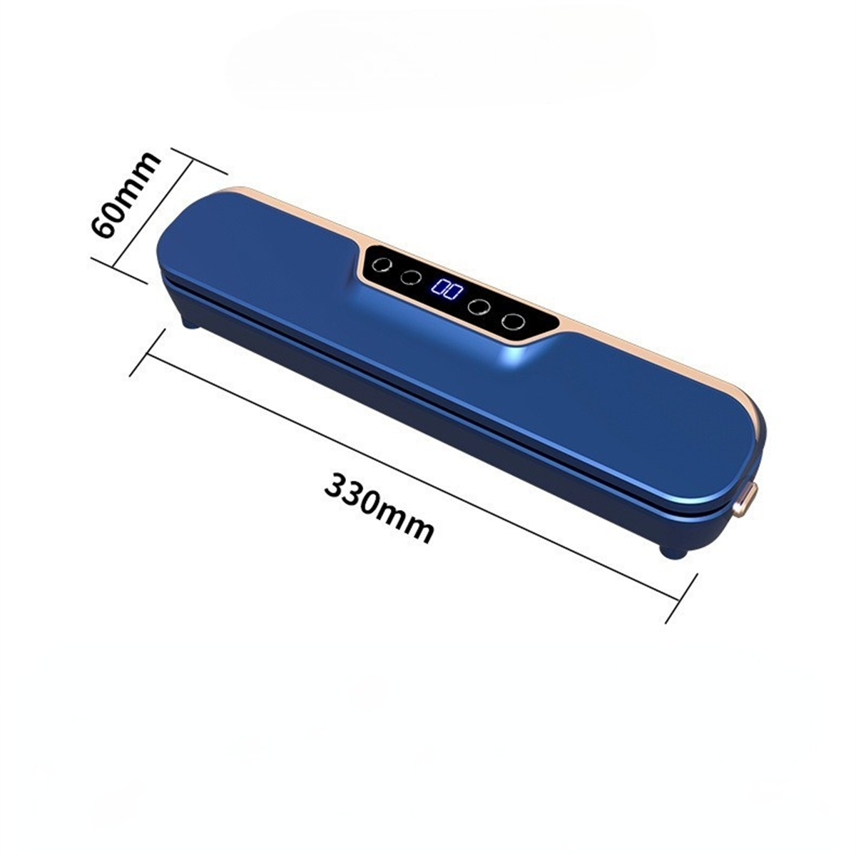 Blaues und goldenes Vakuumiergerät, mit den Maßen 330 mm x 60 mm. Es hat ein Digitaldisplay.