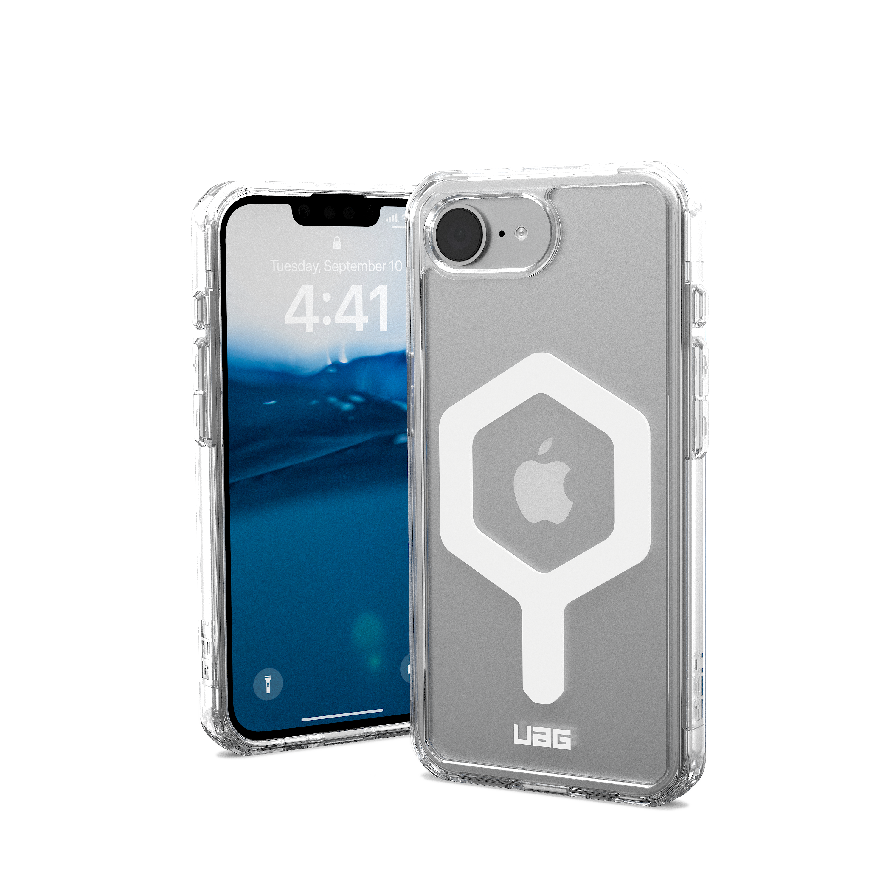 Transparente Handyhülle mit einem Telefon darin. Es hat ein weißes Apple-Logo und eine schwarze Kamera.