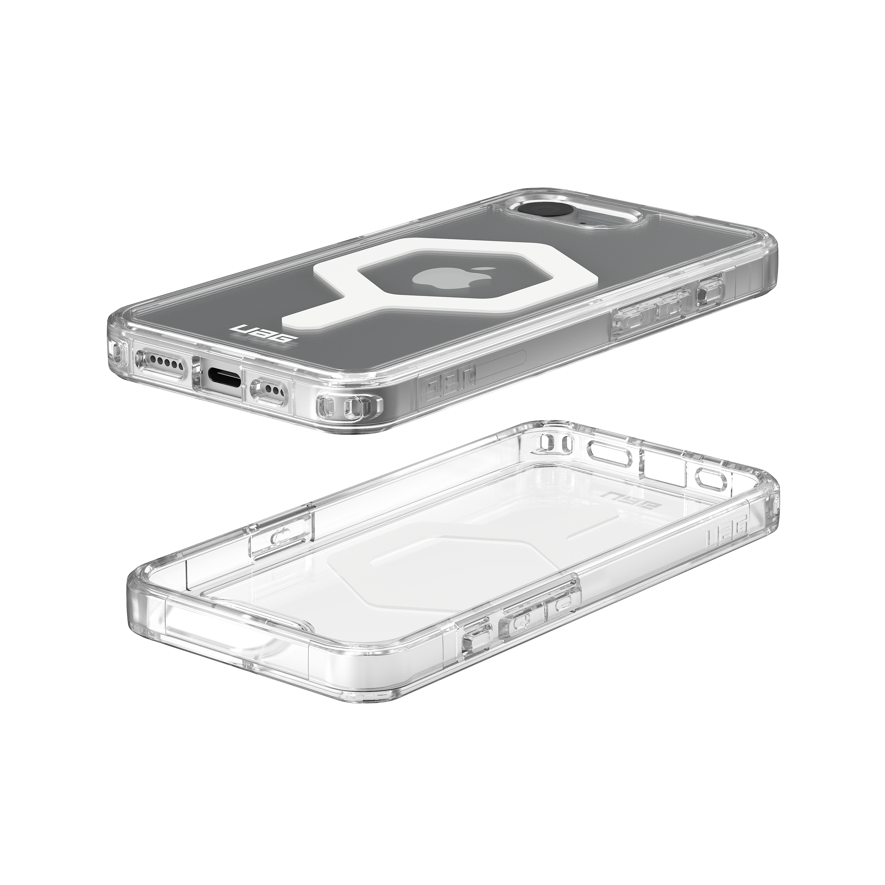 Zwei transparente iPhone-Hüllen. Eine montiert, eine demontiert. Das Apple-Logo ist im Gehäuse sichtbar.