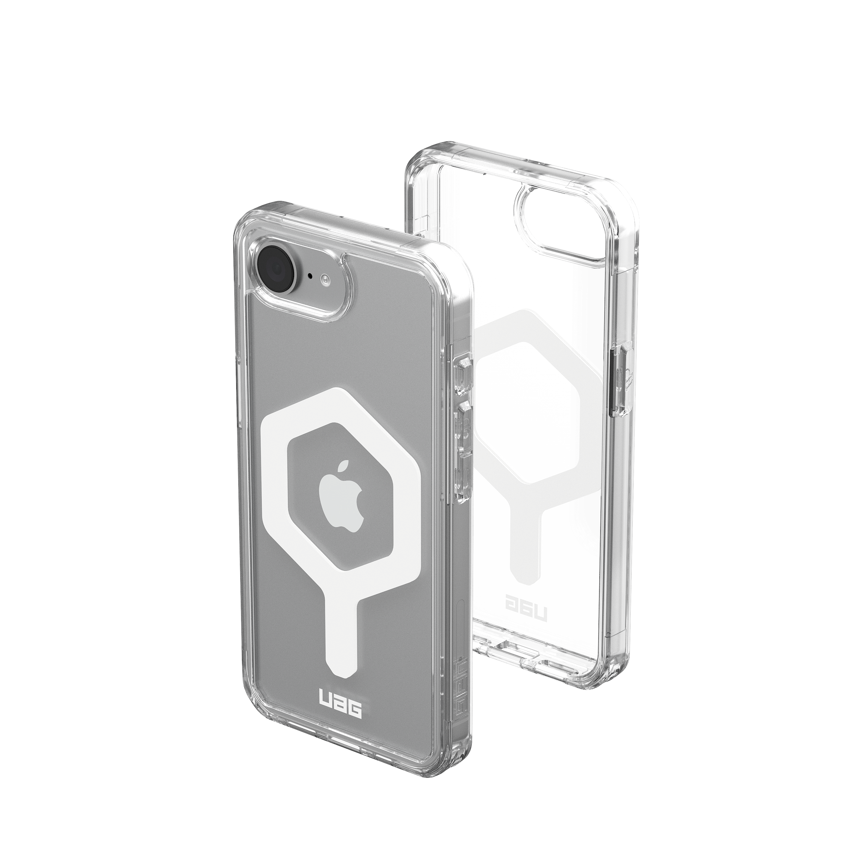 Transparente Handyhülle mit weißem Logo und Apple-Logo. Eine weitere Hülle befindet sich dahinter.