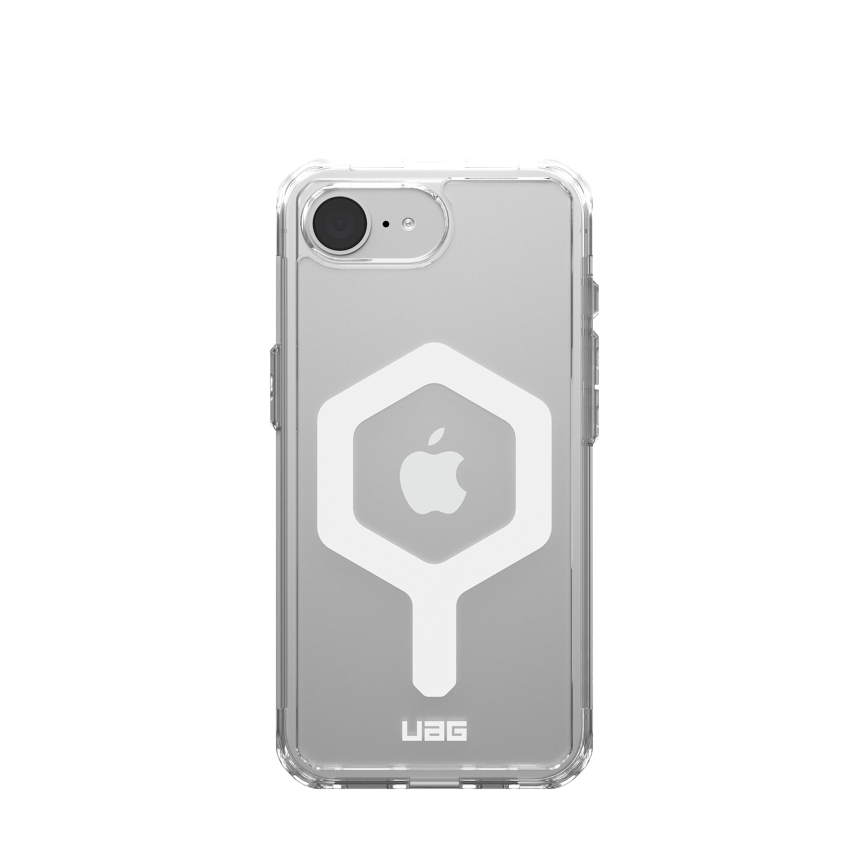 Eine transparente Handyhülle mit weißer Apple-Logo-Form auf der Rückseite, vor schwarzem Hintergrund.