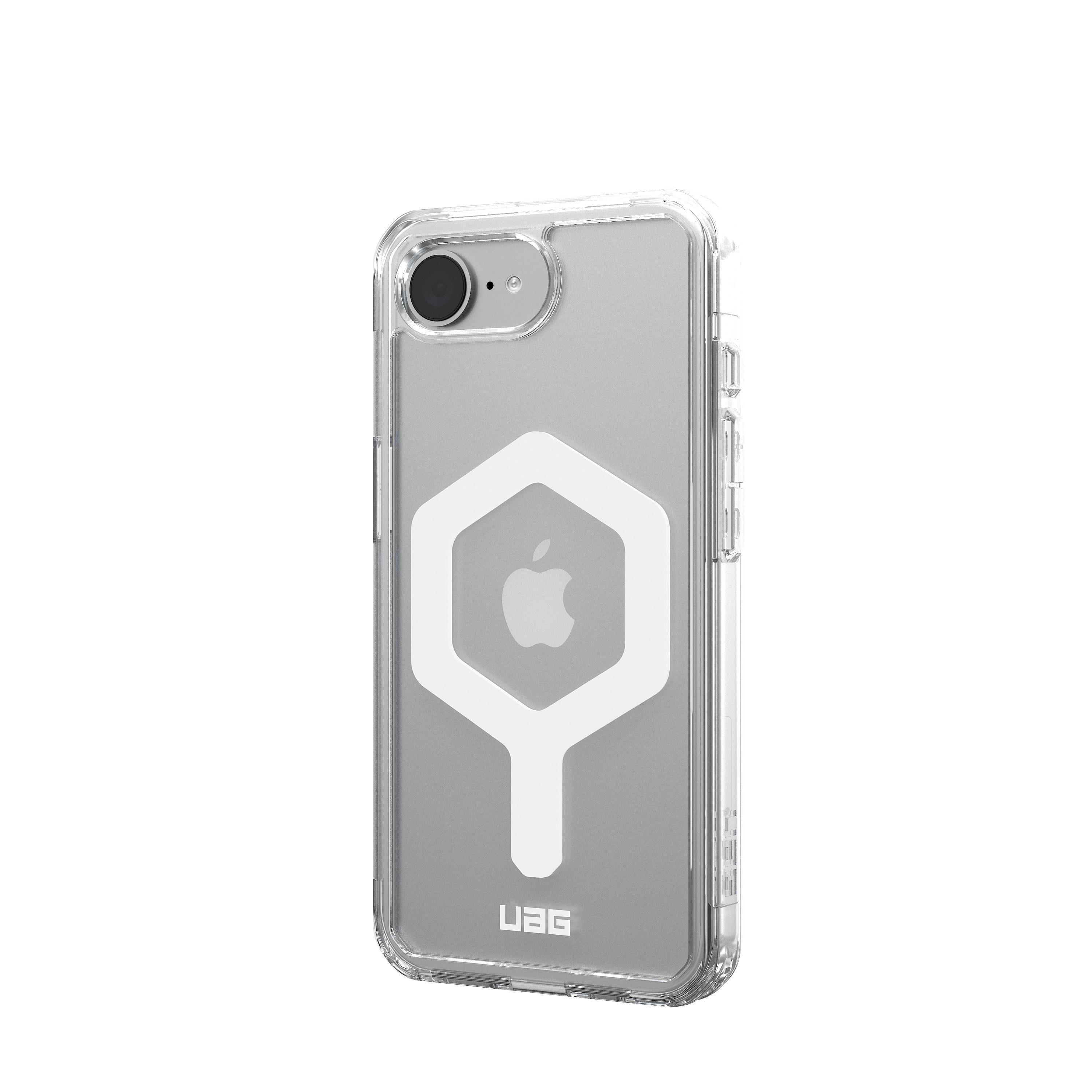 Eine durchsichtige Handyhülle mit weißer Sechseckform und Apple-Logo auf schwarzem Hintergrund.
